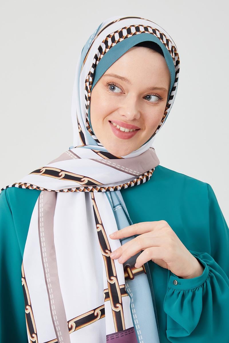 Fivescarf Su Yeşili Zincir Desen Violet Medine İpeği Şal