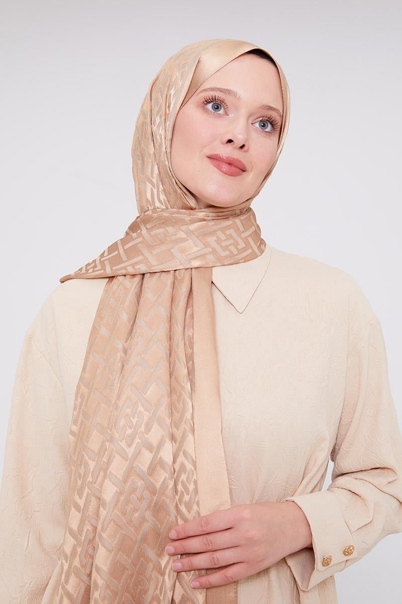 Fivescarf Sütlü Kahve Geometrik Desen Deluxe Devore Şal