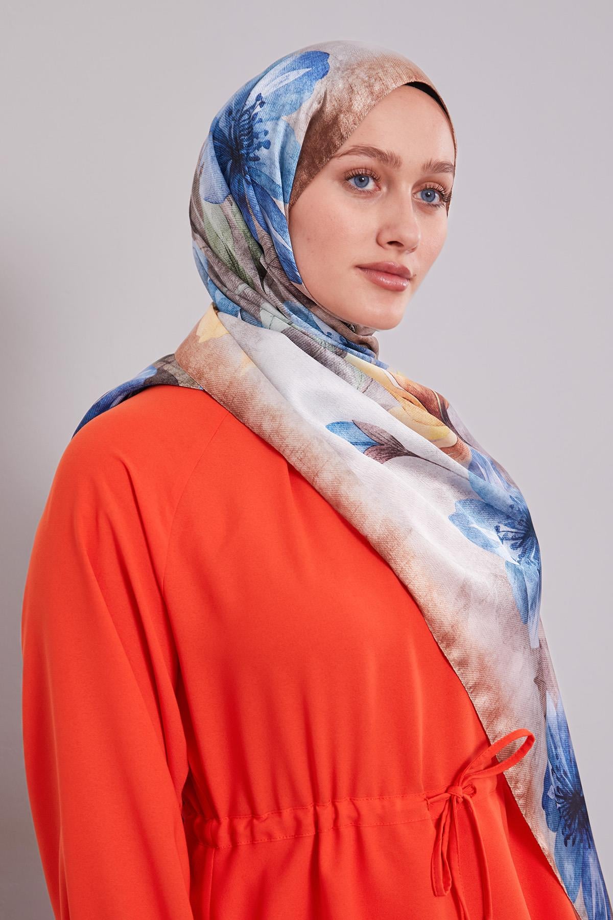 Fivescarf Taba Lale Desen Vual İpek Şal