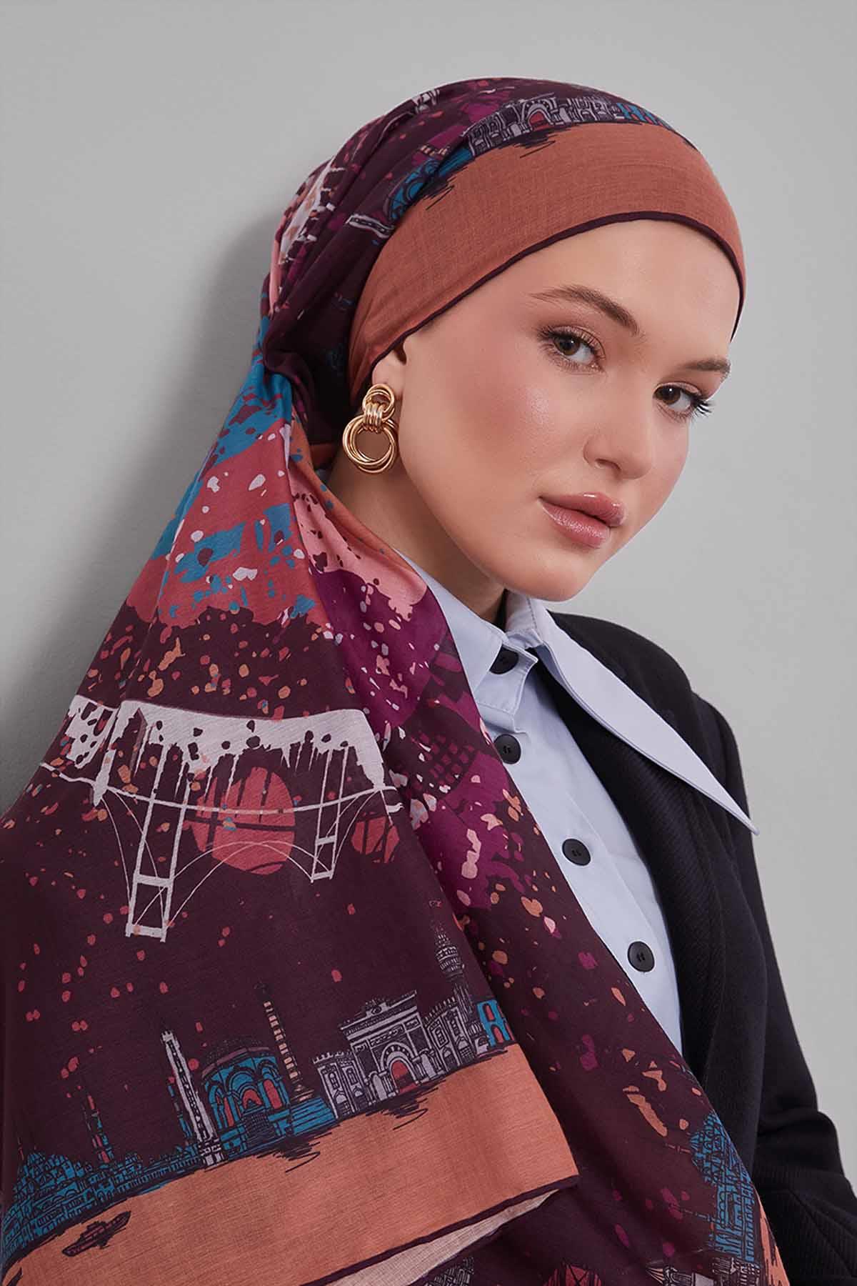 Fivescarf Taba Manzara Desen Silk Coton Eşarp