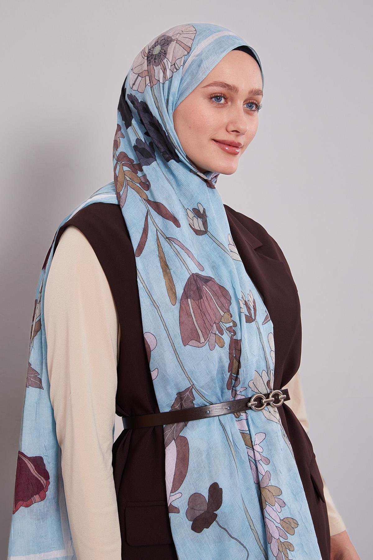 Fivescarf Turkuaz Büyük Çiçek Desenli Craze Comfort Şal