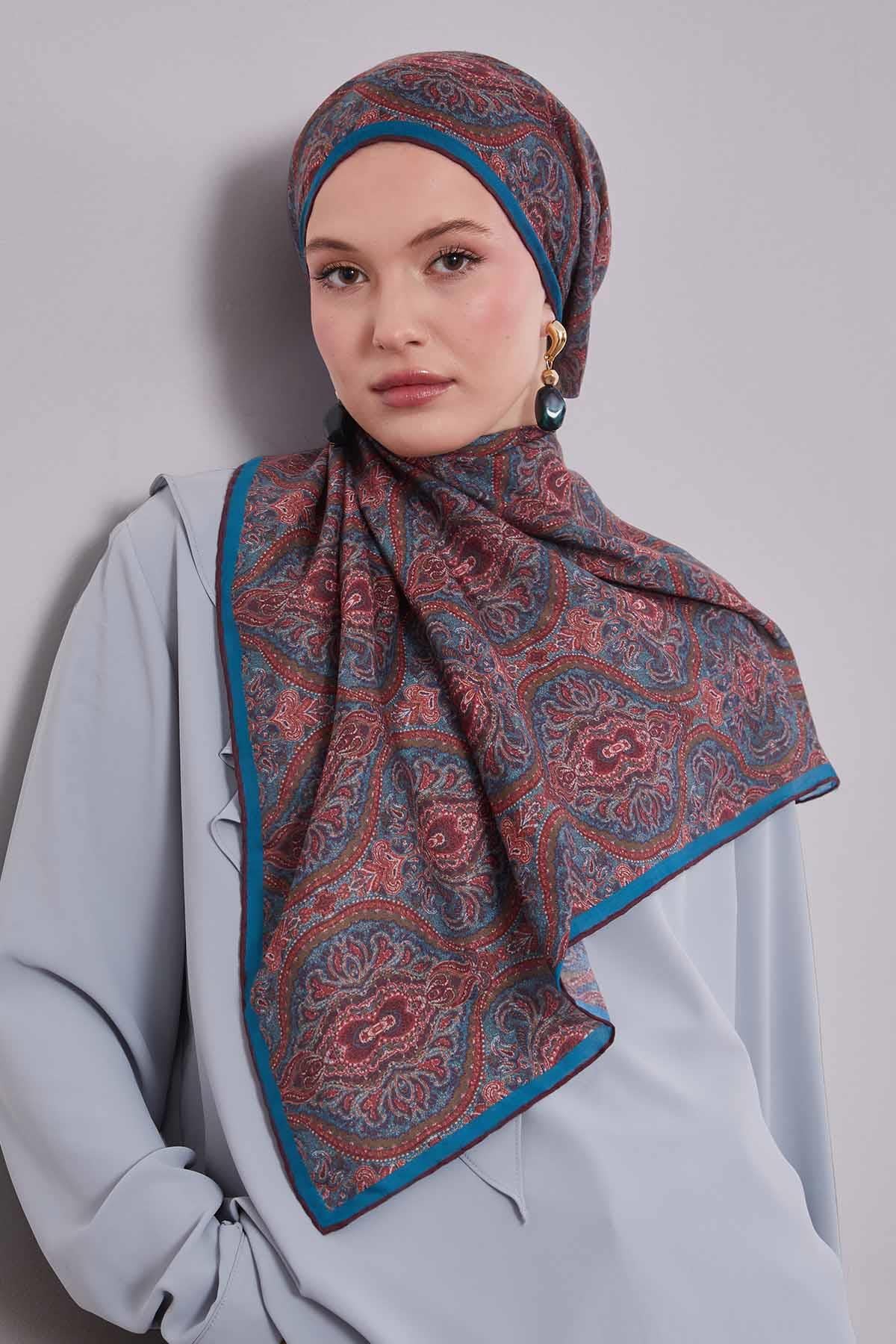 Fivescarf Turkuaz Çini Desen Silk Coton Eşarp