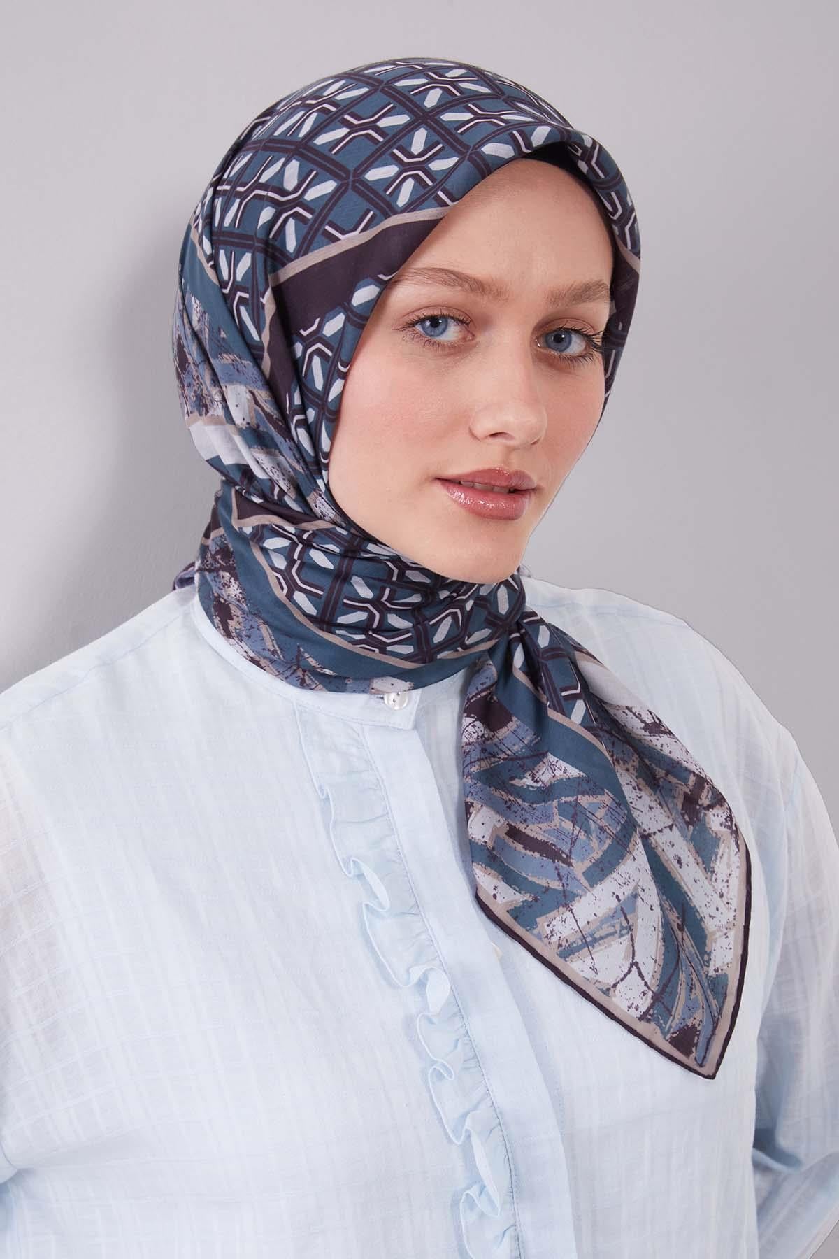 Fivescarf Turkuaz Geometri Desen Silk Cotton Eşarp
