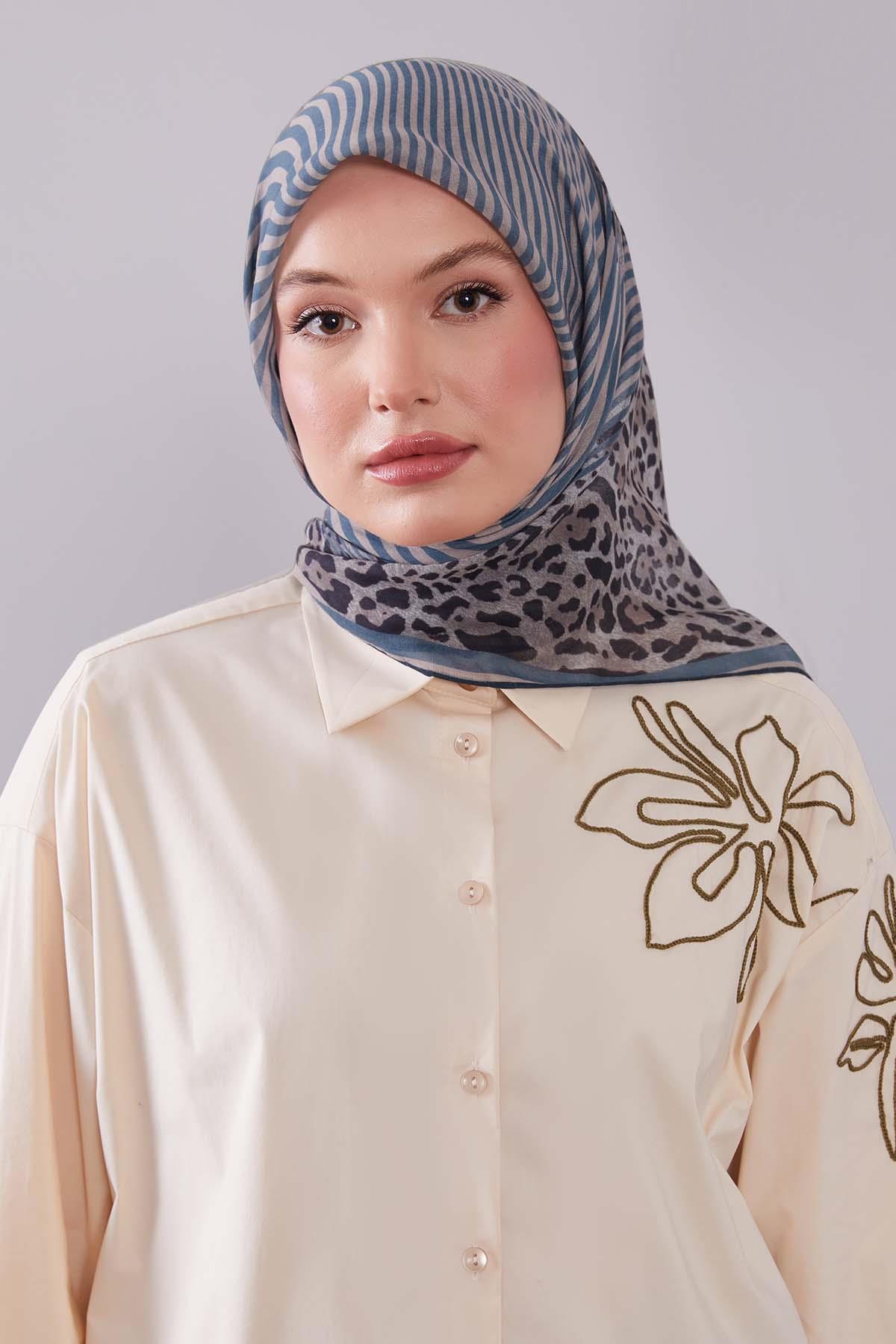 Fivescarf Turkuaz Leopar Desen Silk Coton Eşarp