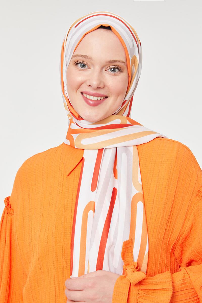 Fivescarf Turuncu Ataç Desen Mono Krep Şal