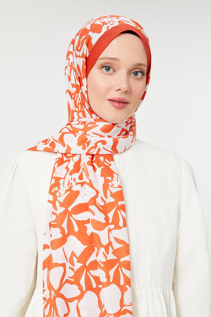 Fivescarf Turuncu-Bej Yonca Desen Mono Şal