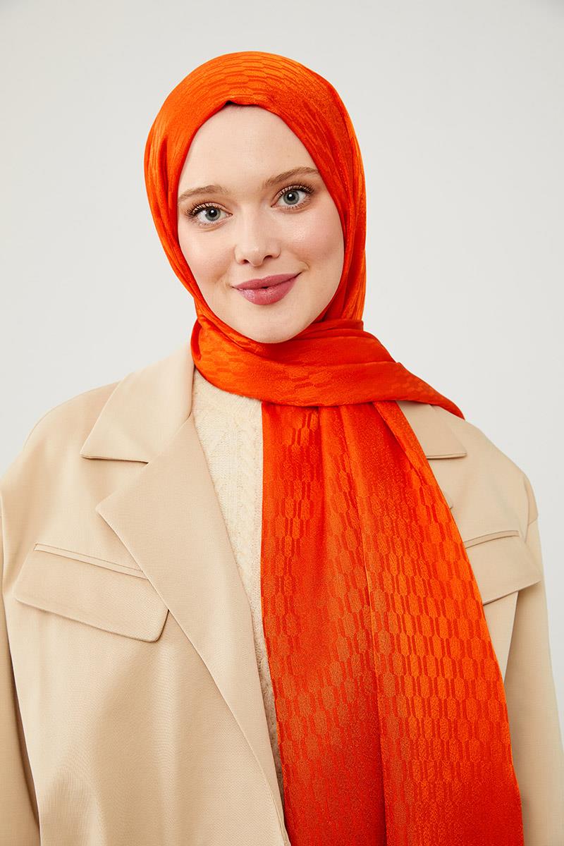 Fivescarf Turuncu Burgu Desen Jakarlı Elegance Şal
