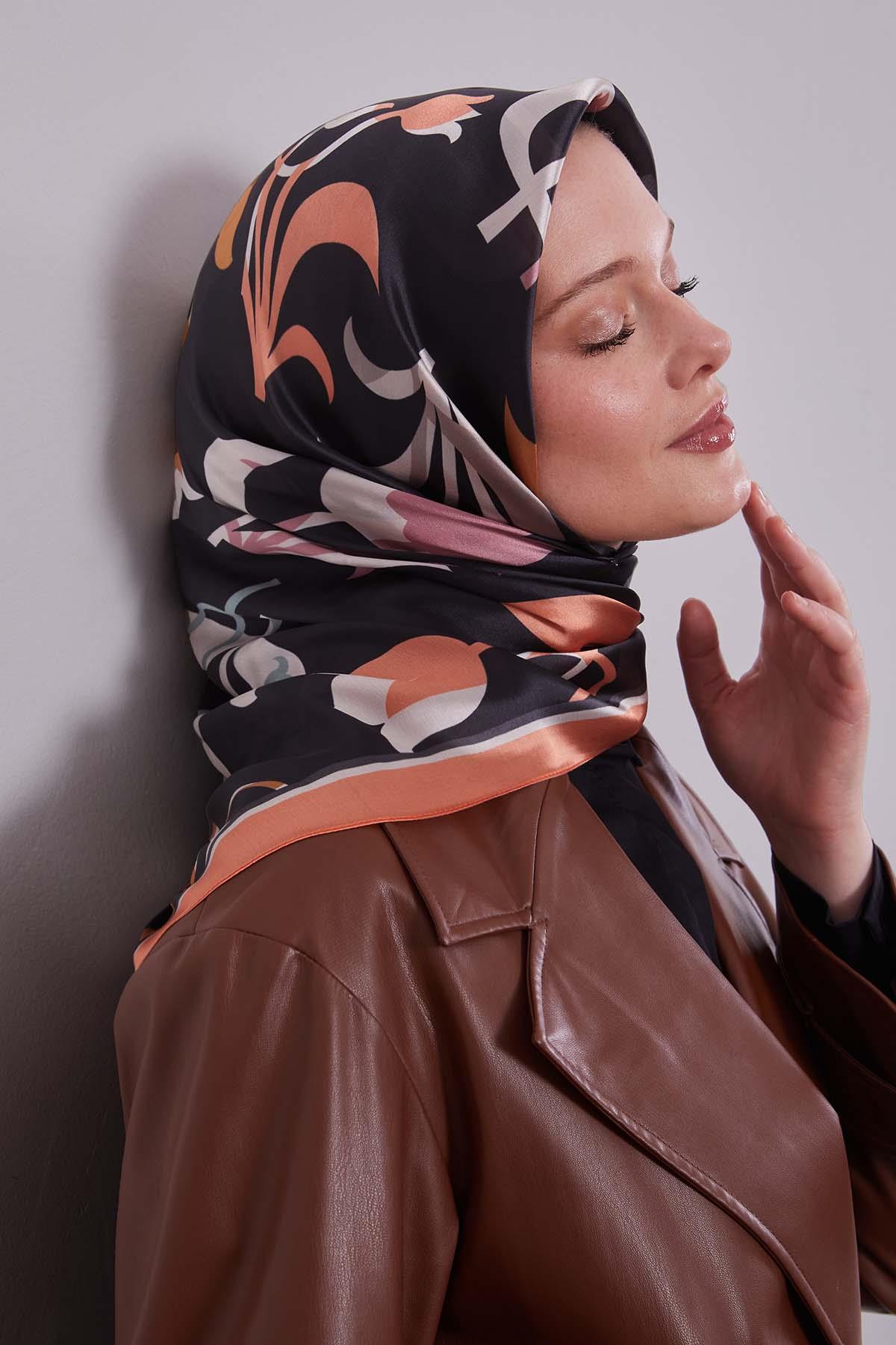 Fivescarf Turuncu Lale Desen Kristal Eşarp