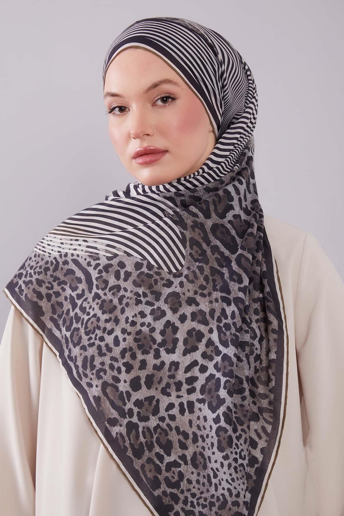 Fivescarf Vizon Leopar Desen Silk Coton Eşarp