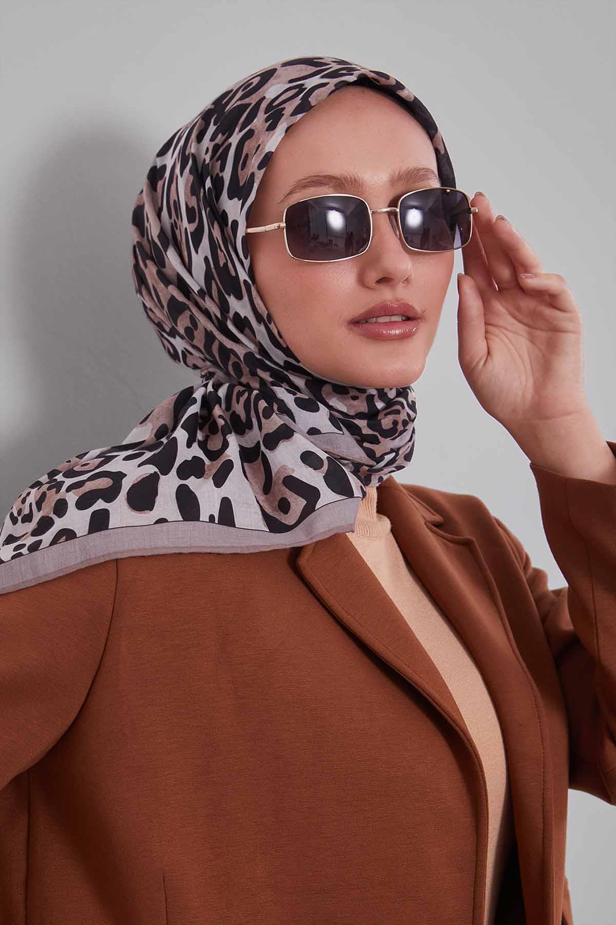 Fivescarf Vizon Leopar Desen Silk Coton Eşarp