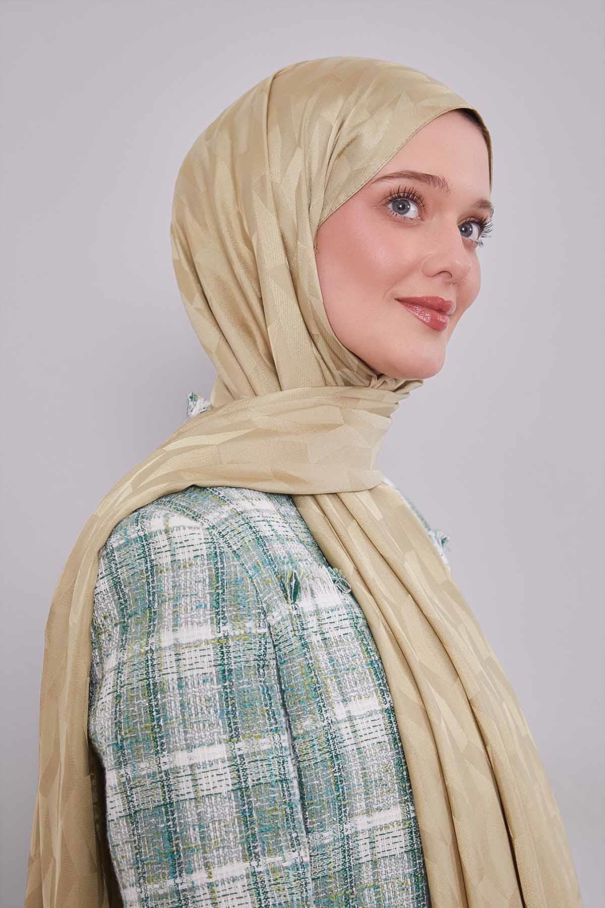 Fivescarf Yağ Yeşili Geometrik Desen Jakar Şal