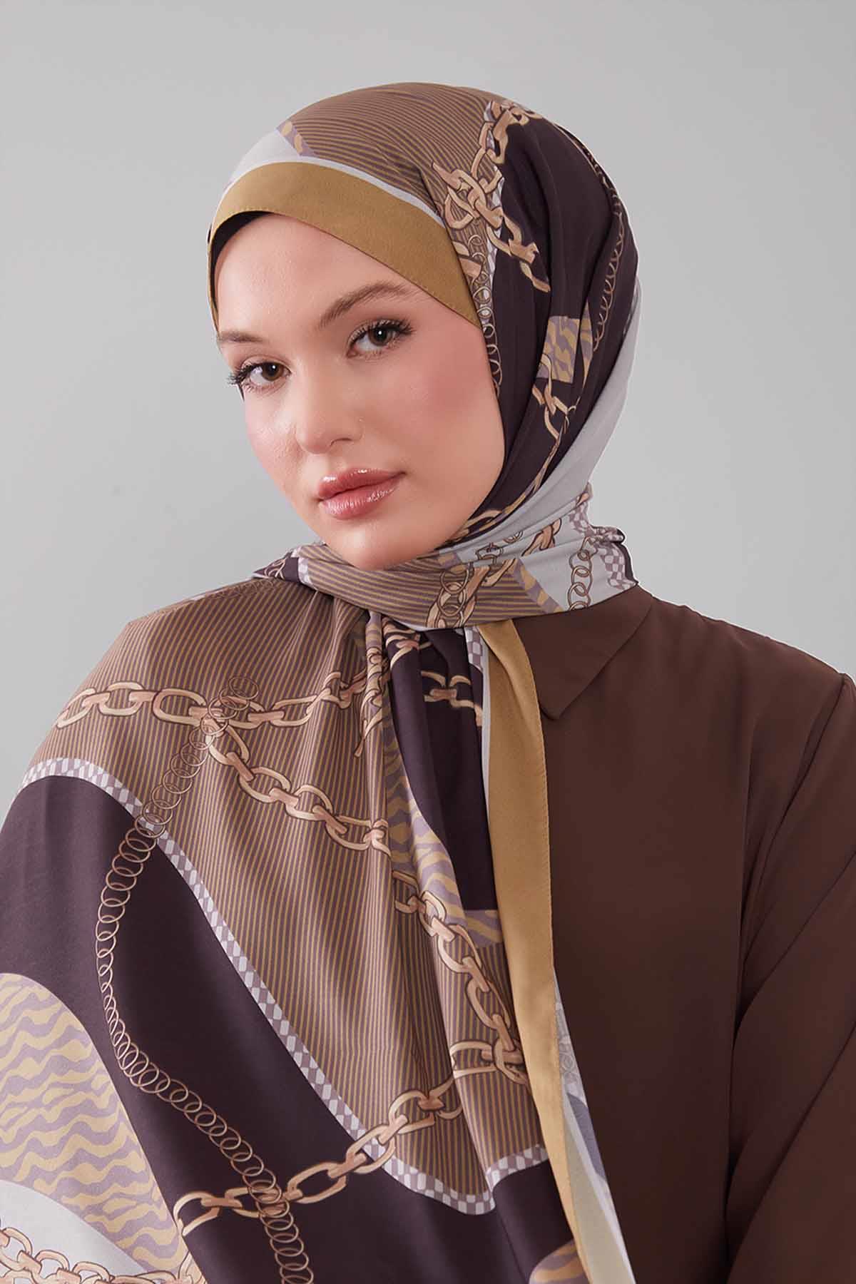 Fivescarf Yağ Yeşili Gold Zincir Desen Moos Chrep Şal