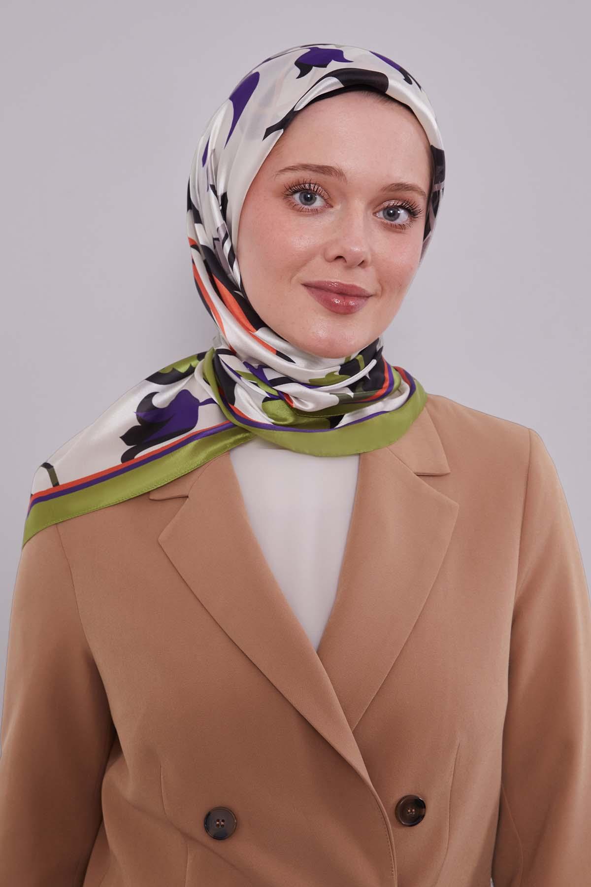 Fivescarf Yağ Yeşili Lale Desen Kristal Eşarp