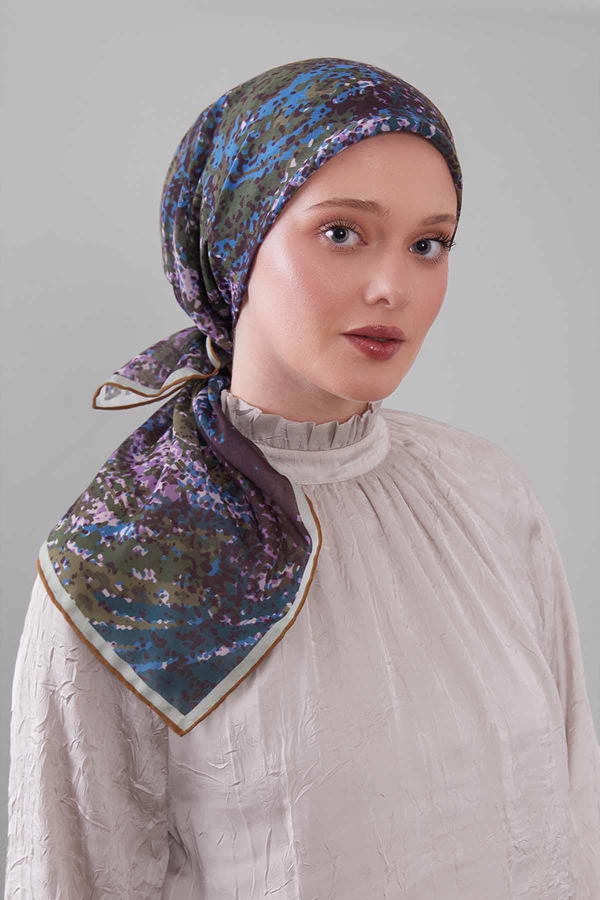 Fivescarf Yağ Yeşili Mozaik Desen Silk Coton Eşarp