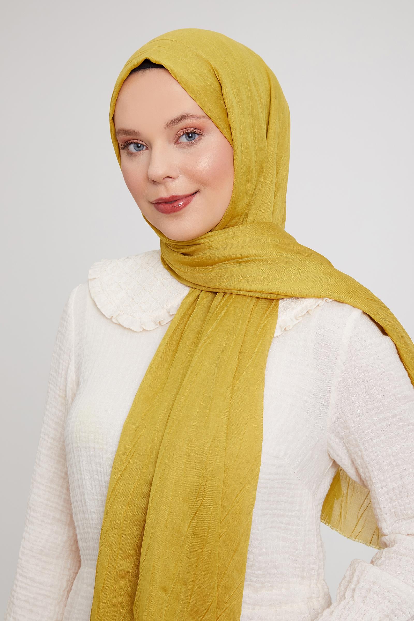 Fivescarf Yağ Yeşili Pliseli Pamuklu Şal
