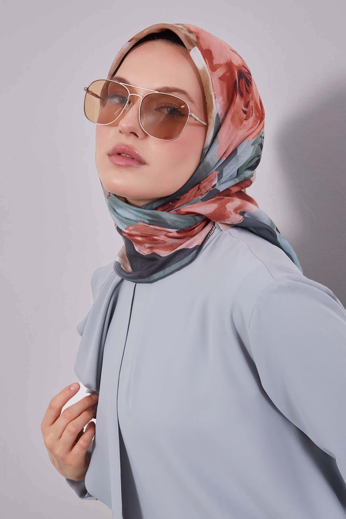 Fivescarf Yeşil Çiçek Desen Slik Coton Eşarp