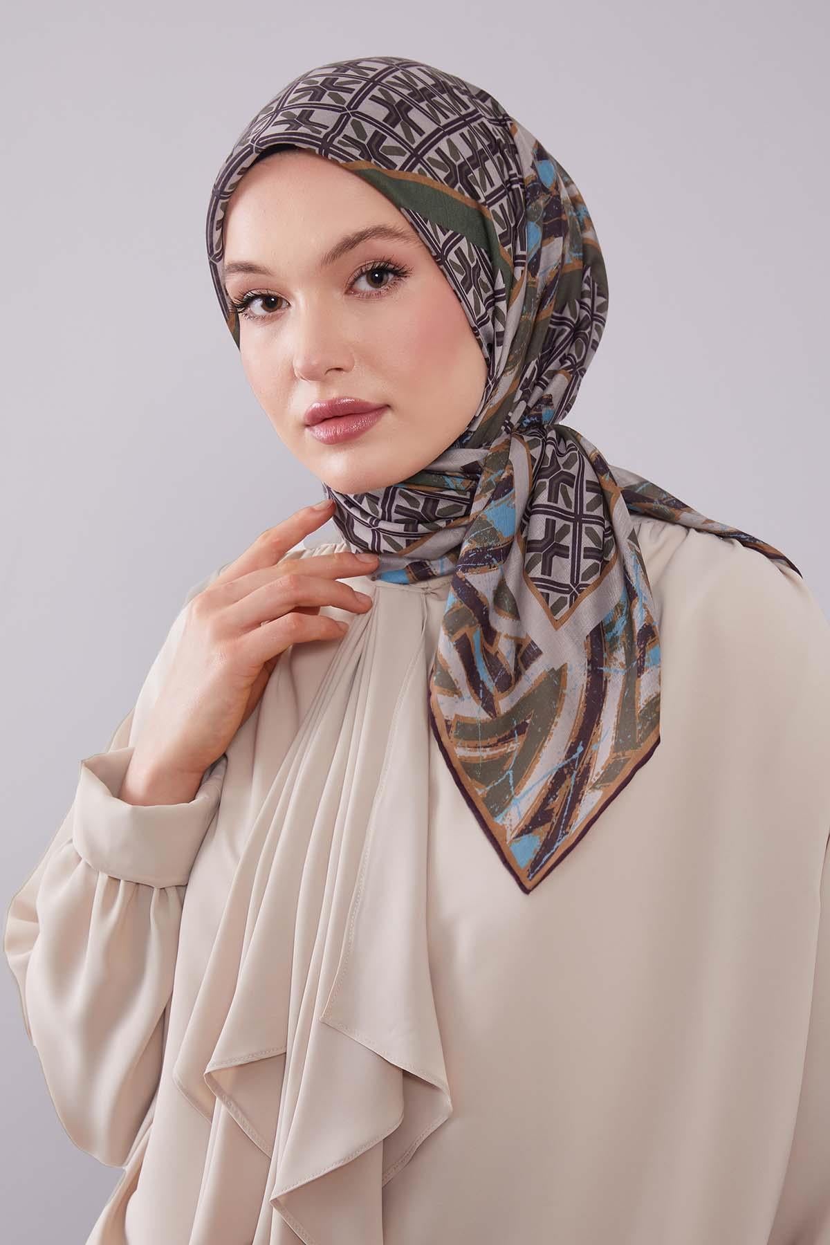 Fivescarf Yeşil Geometri Desen Silk Cotton Eşarp