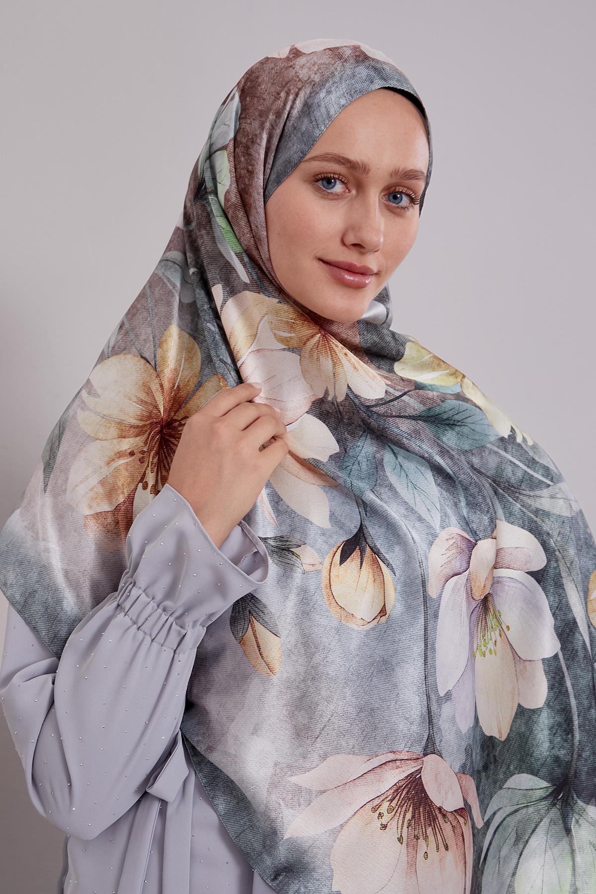 Fivescarf Yeşil Lale Desen Vual İpek Şal