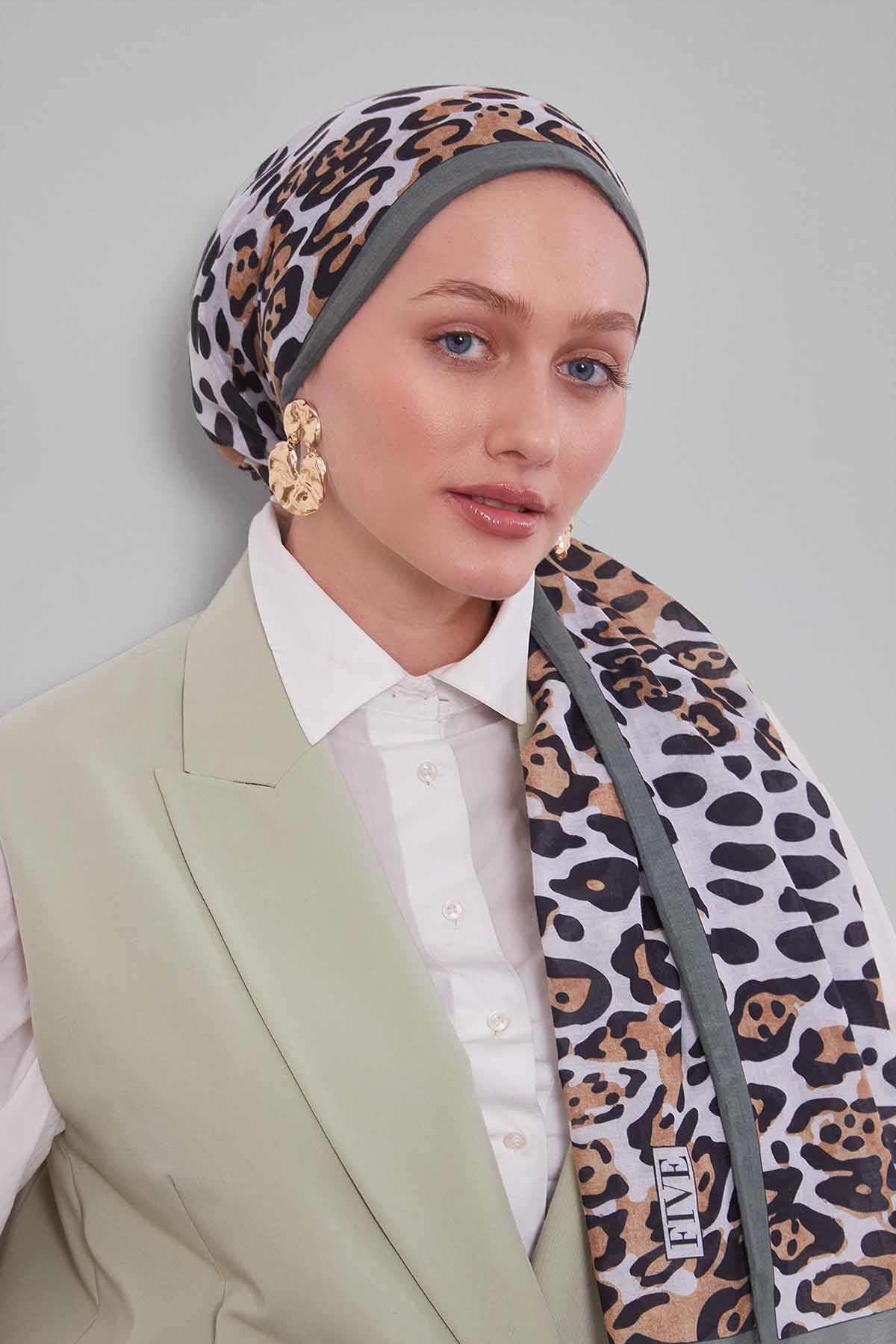 Fivescarf Yeşil Leopar Desen Silk Coton Eşarp