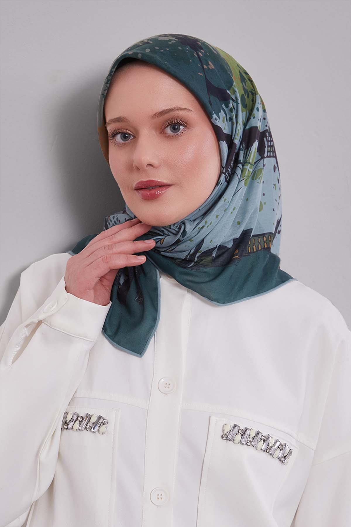 Fivescarf Yeşil Manzara Desen Silk Coton Eşarp