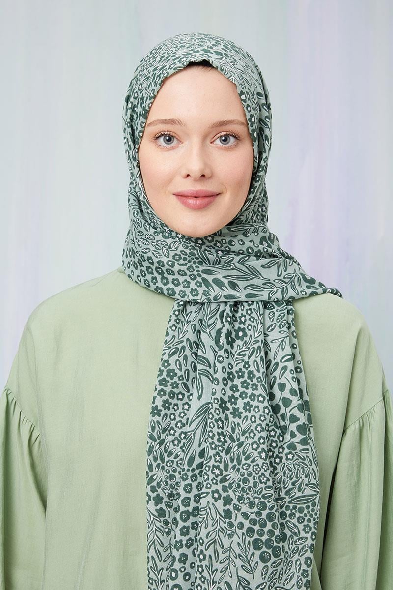 Fivescarf Yosun Yeşili Desenli Cotton Şal