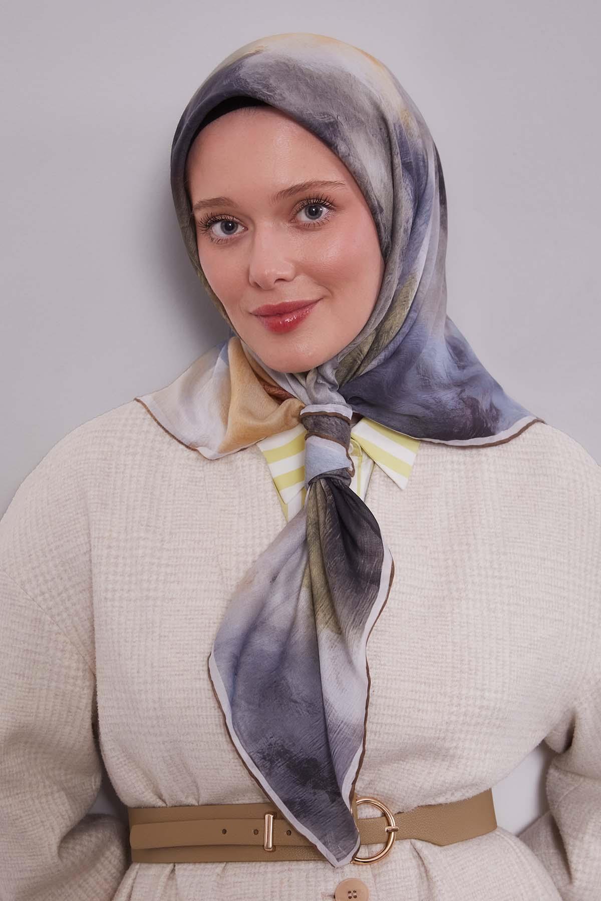 Fivescarf Zeytin Yeşili Lotus Çiçeği Silk Coton Eşarp