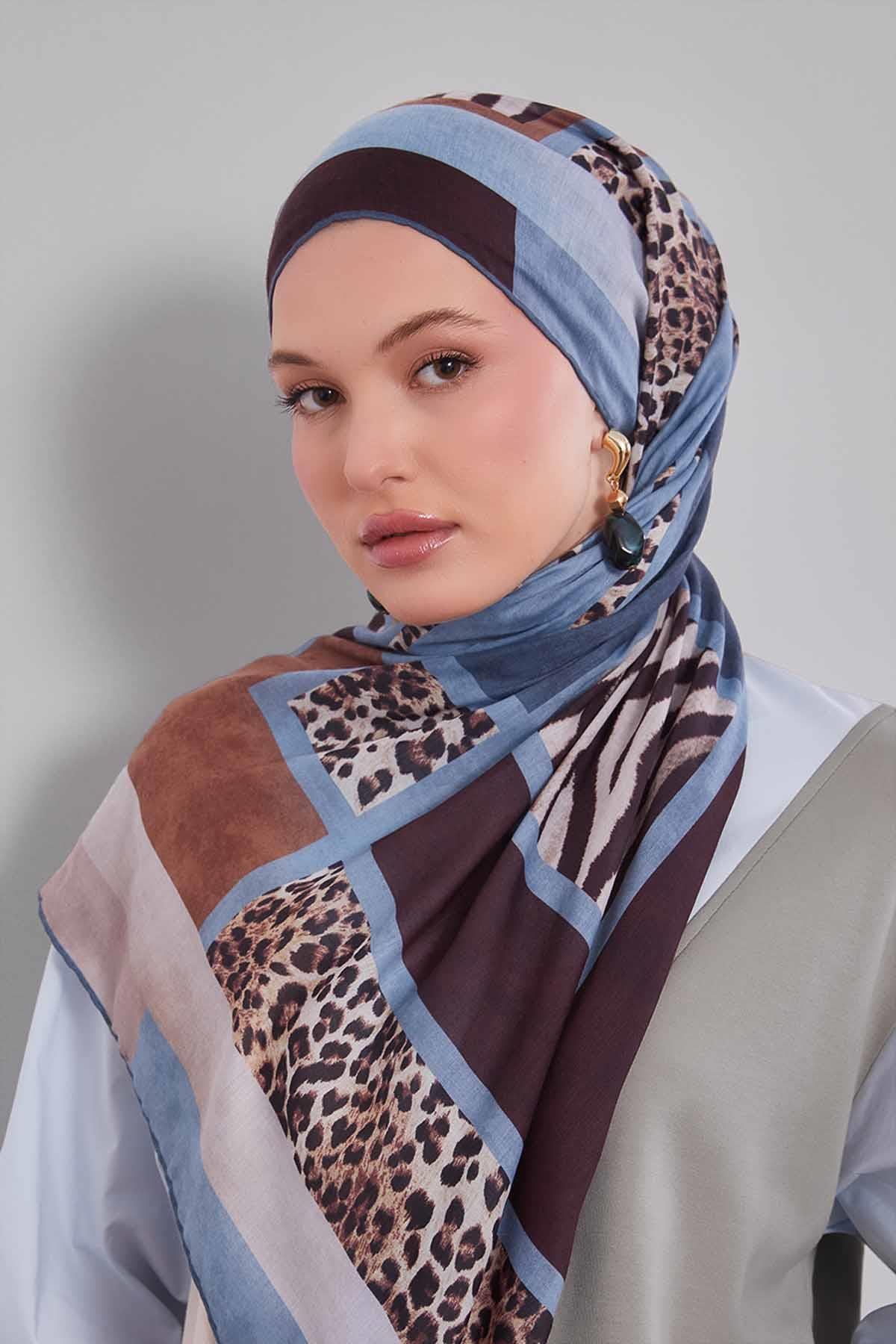 Fivescarf A.Mavi Kenar Leopar Desenli Slik Coton Eşarp