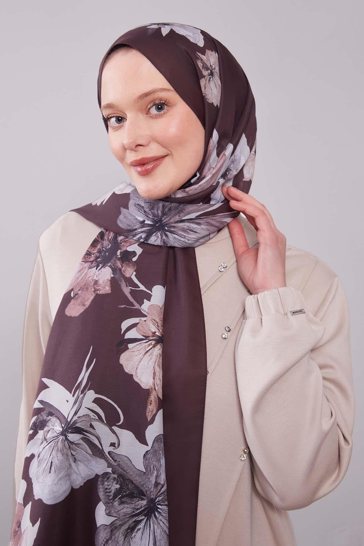 Fivescarf Acı Kahve Çicek Desen Clover Şal