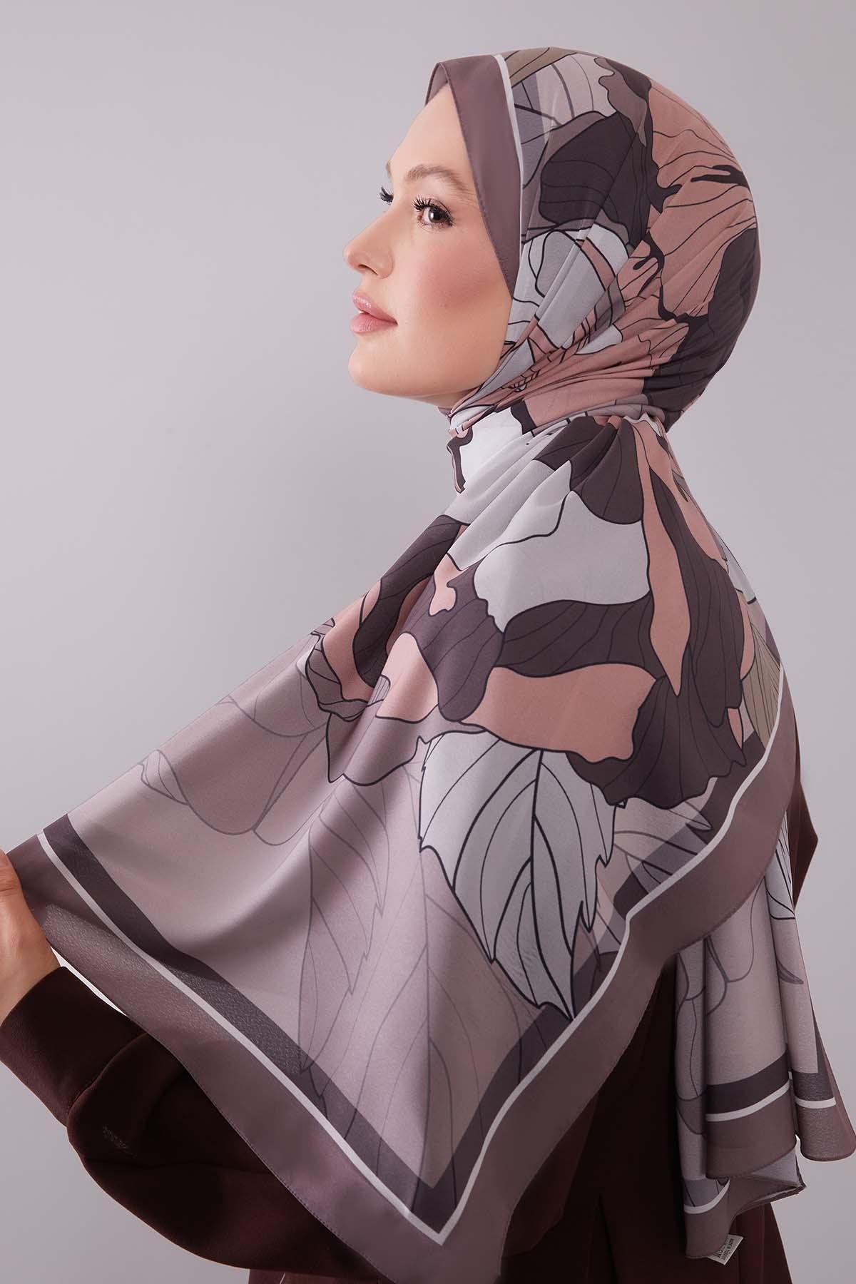 Fivescarf Acı Kahve Çiçekli Floral Desen Moos Chrep Şal