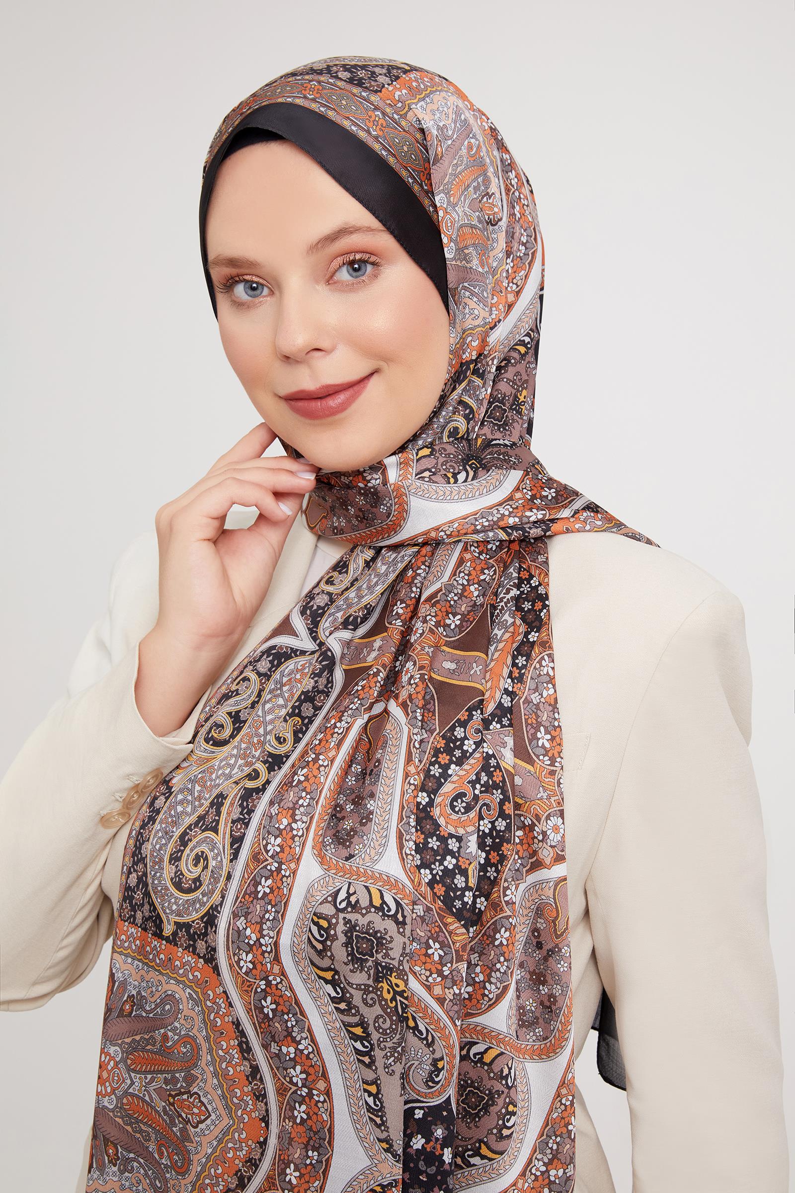 Fivescarf Acı Kahve Etnik Baskılı Vual İpek Şal