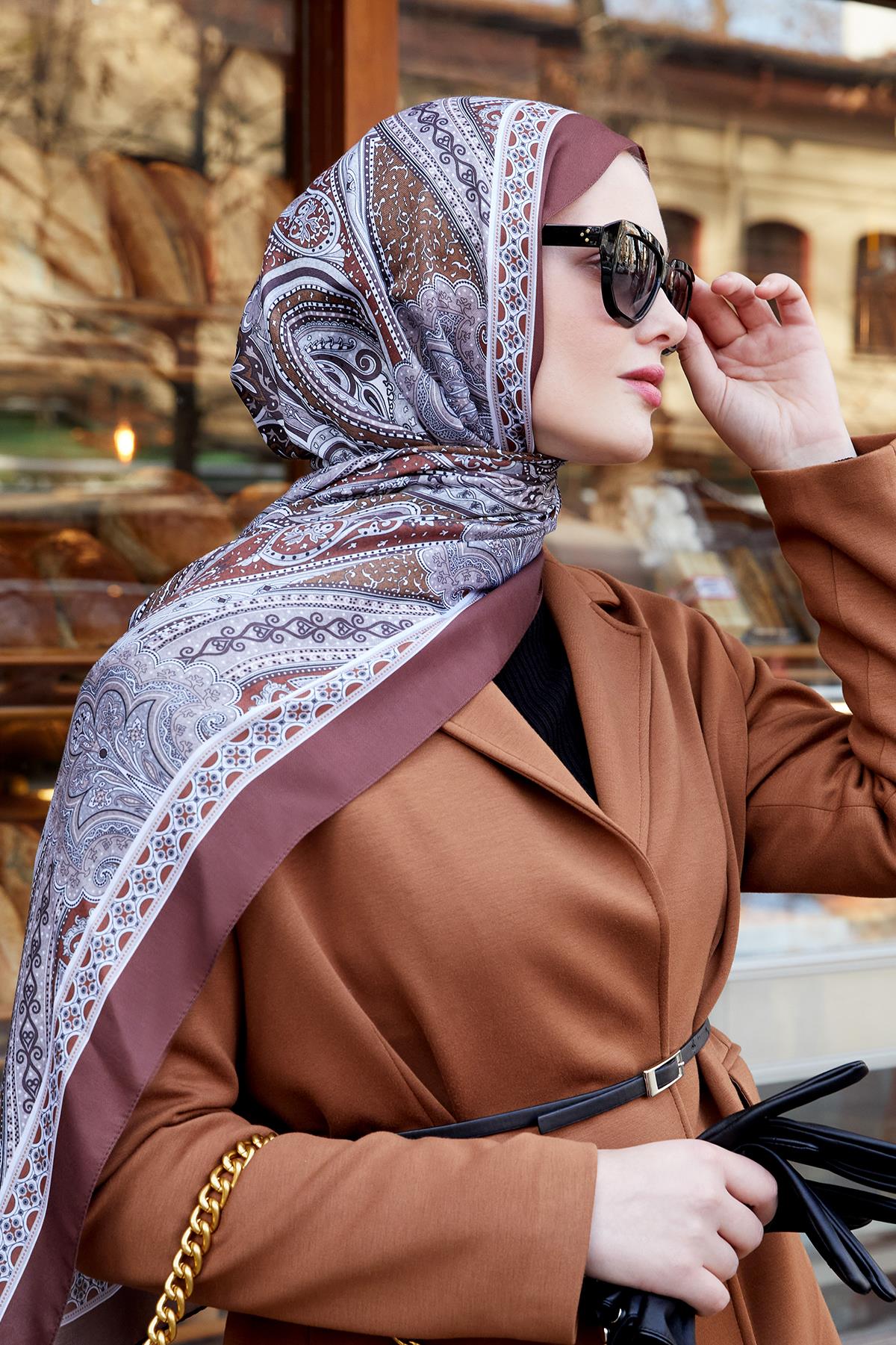 Fivescarf Acı Kahve Etnik Desen Comfort Line Şal