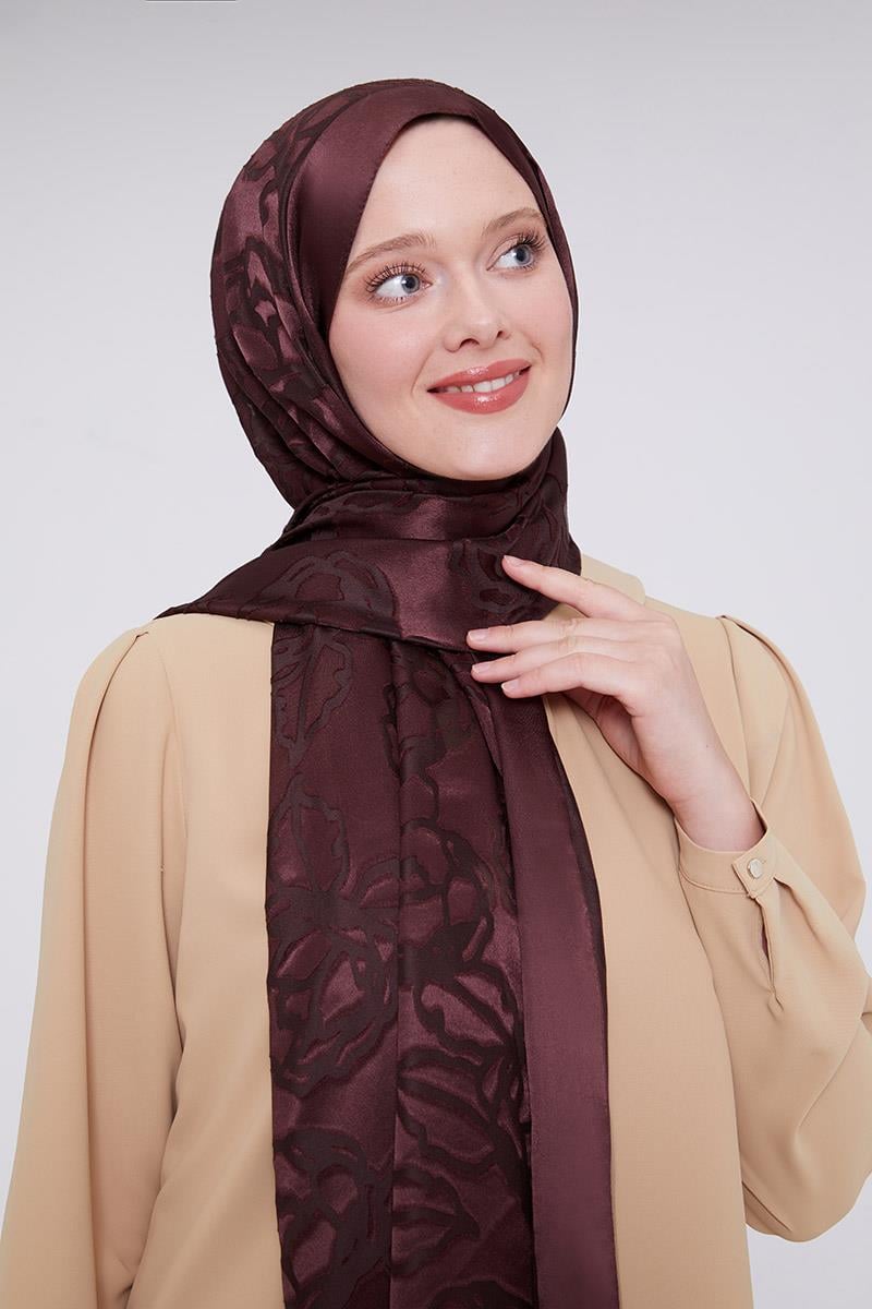 Fivescarf Acı Kahve Gül Desen Deluxe Devore Şal