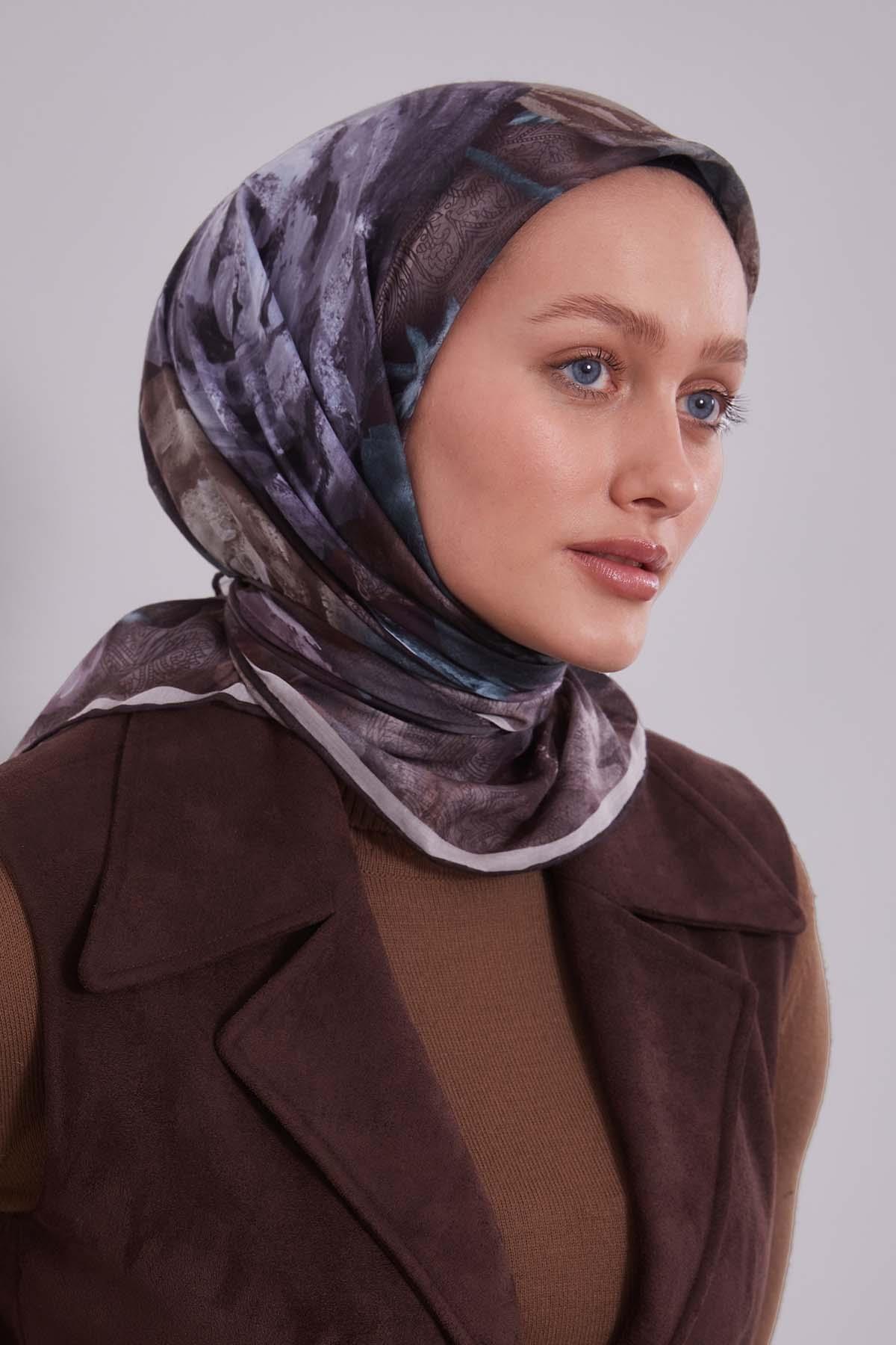 Fivescarf Acı Kahve Lale Desen Silk Coton Eşarp