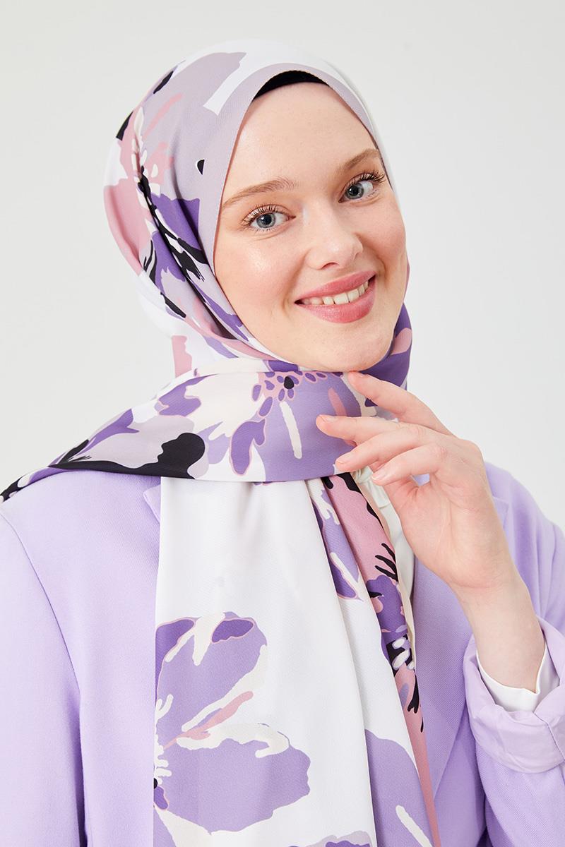 Fivescarf Açık Lila Açelya Desen Violet Medine İpeği Şal