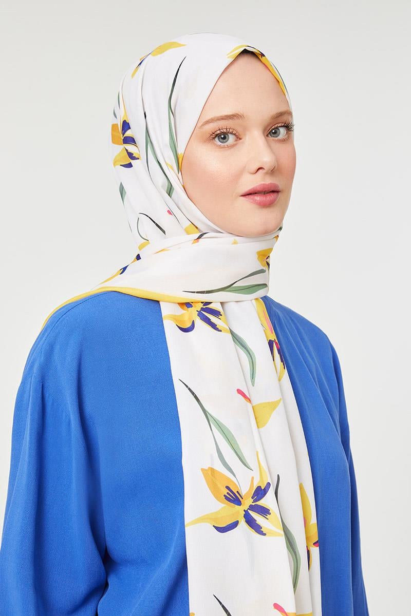 Fivescarf Altın Sarısı Çiçek Baskılı Mono Krep Şal