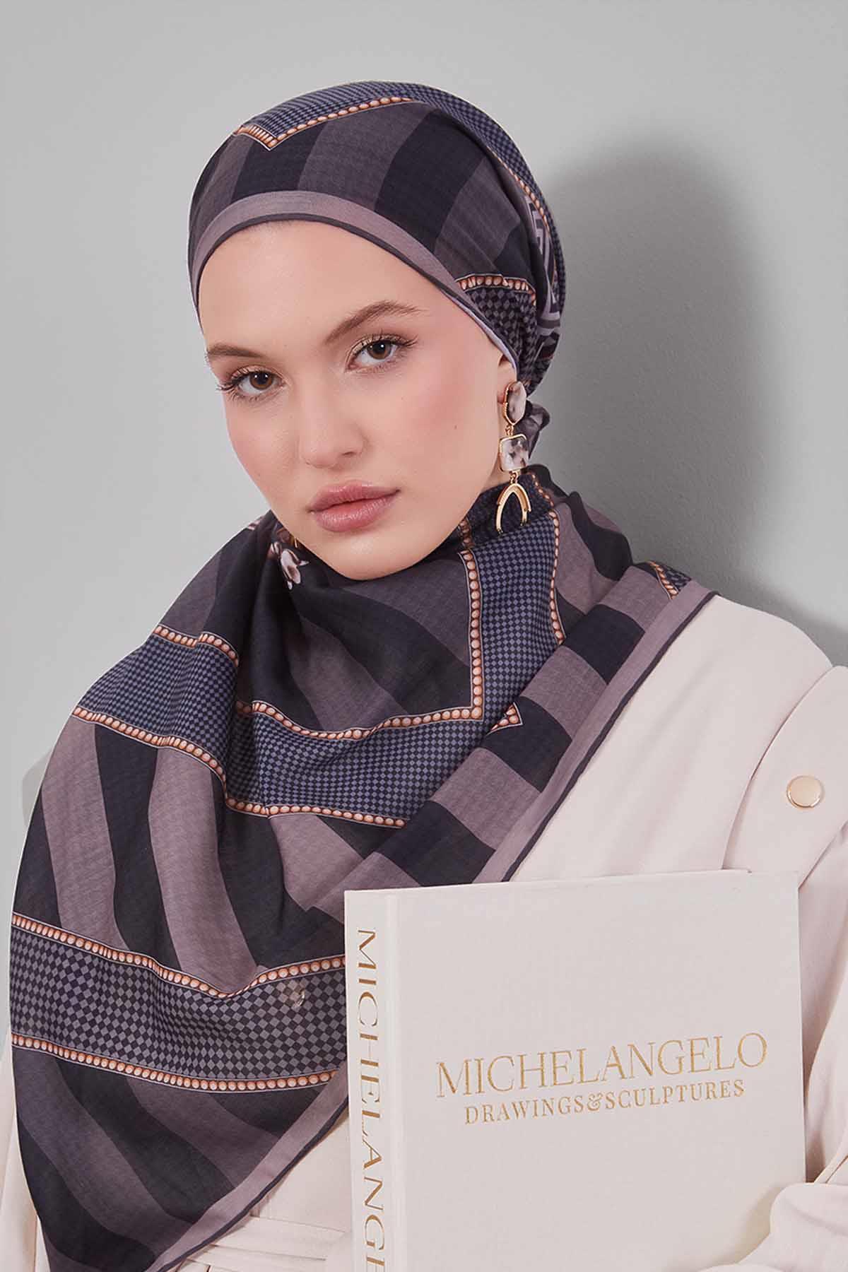 Fivescarf Antrasit Boncuk Desen Silk Coton Eşarp