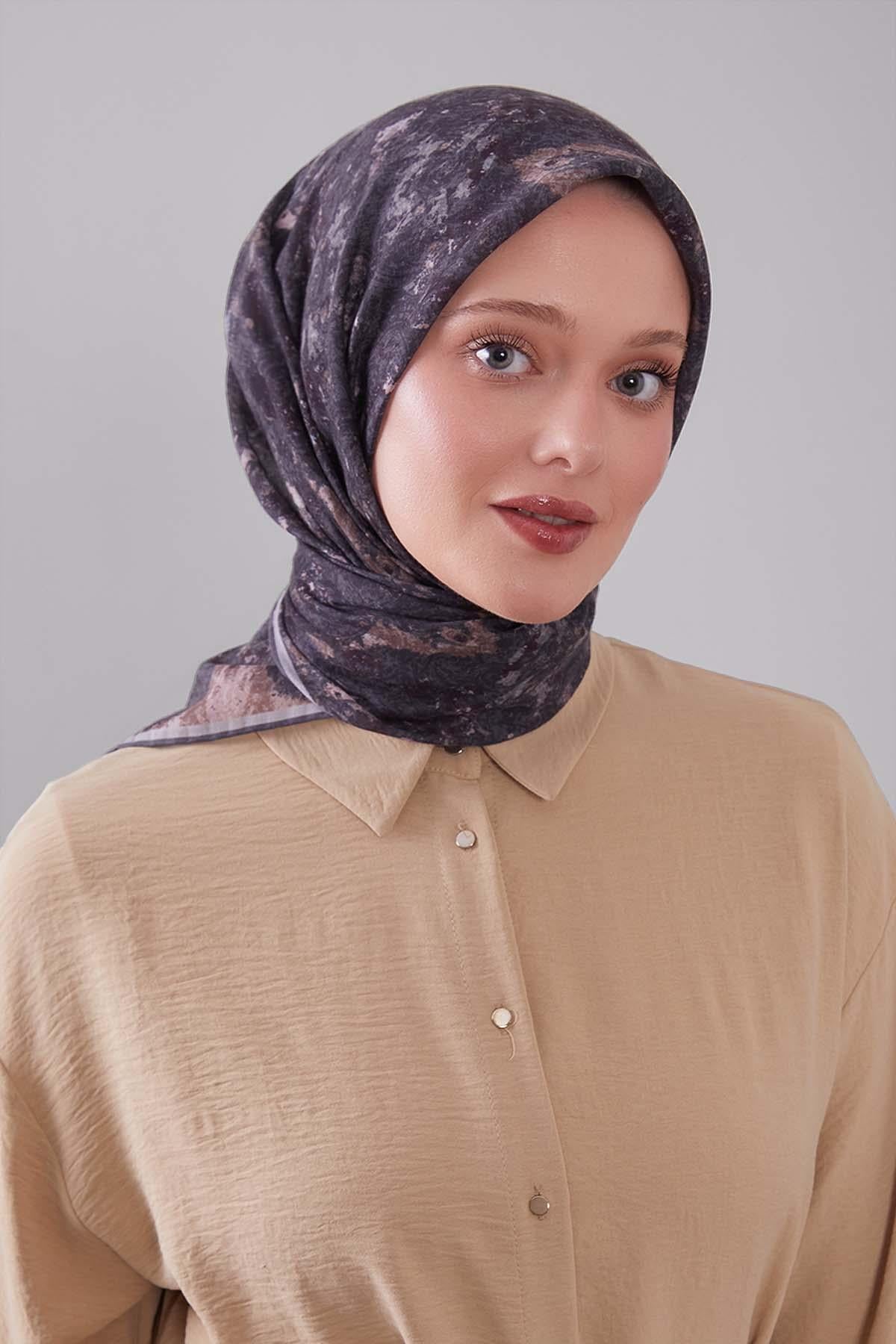 Fivescarf Antrasit Retro Çiçek Desen Silk Coton Eşarp