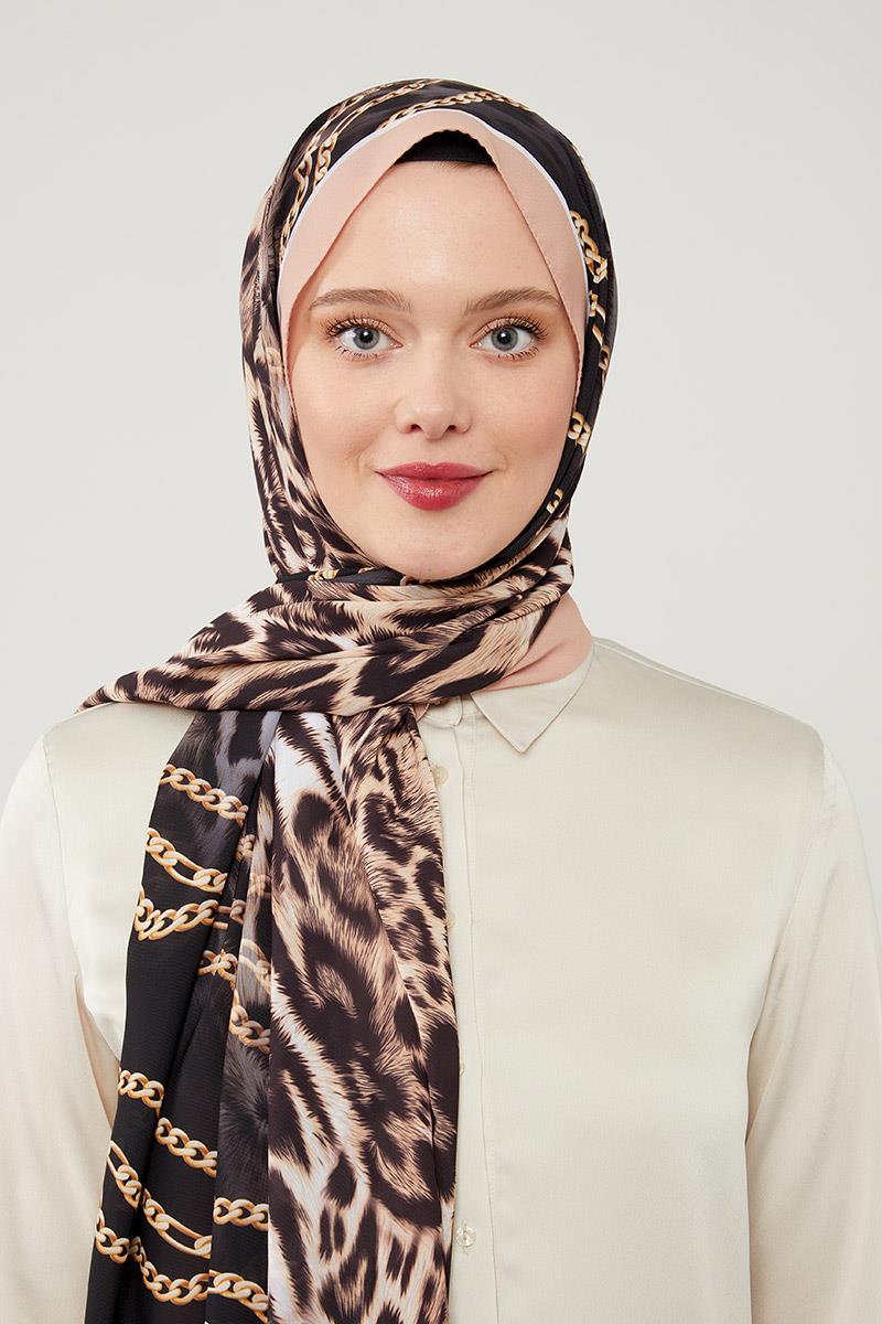 Fivescarf Bakır Leopar Desen Violet Medine İpeği Şal