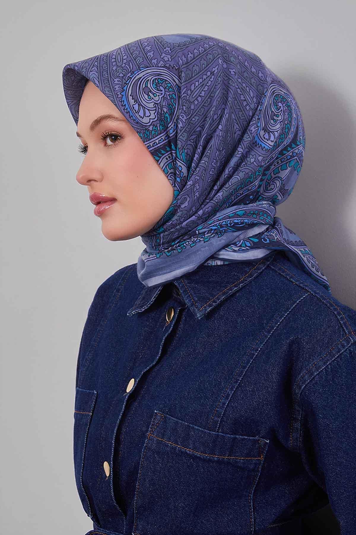 Fivescarf Bebe Mavisi Ebruli Desen Silk Coton Eşarp