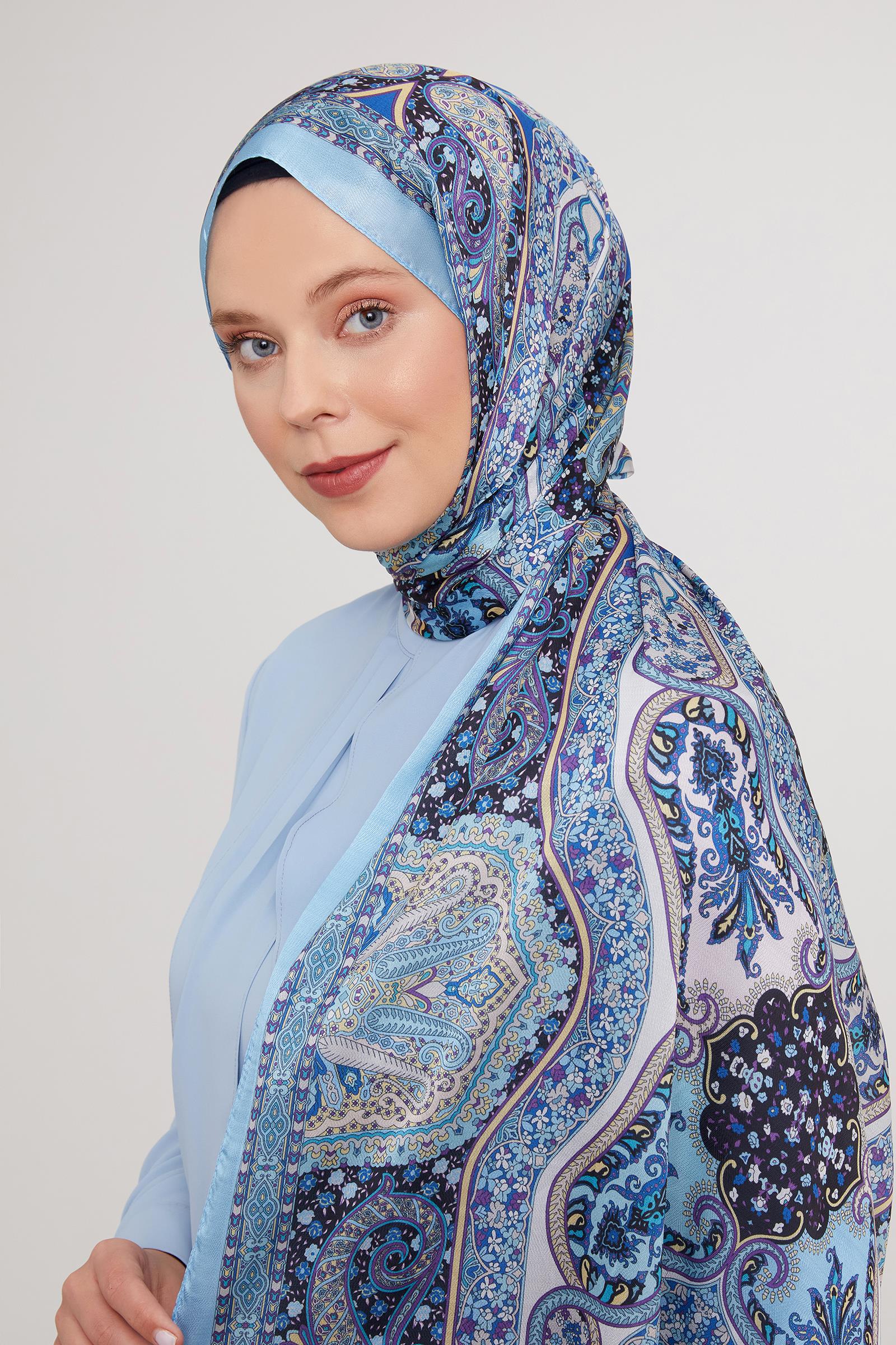 Fivescarf Bebe Mavisi Etnik Baskılı Vual İpek Şal