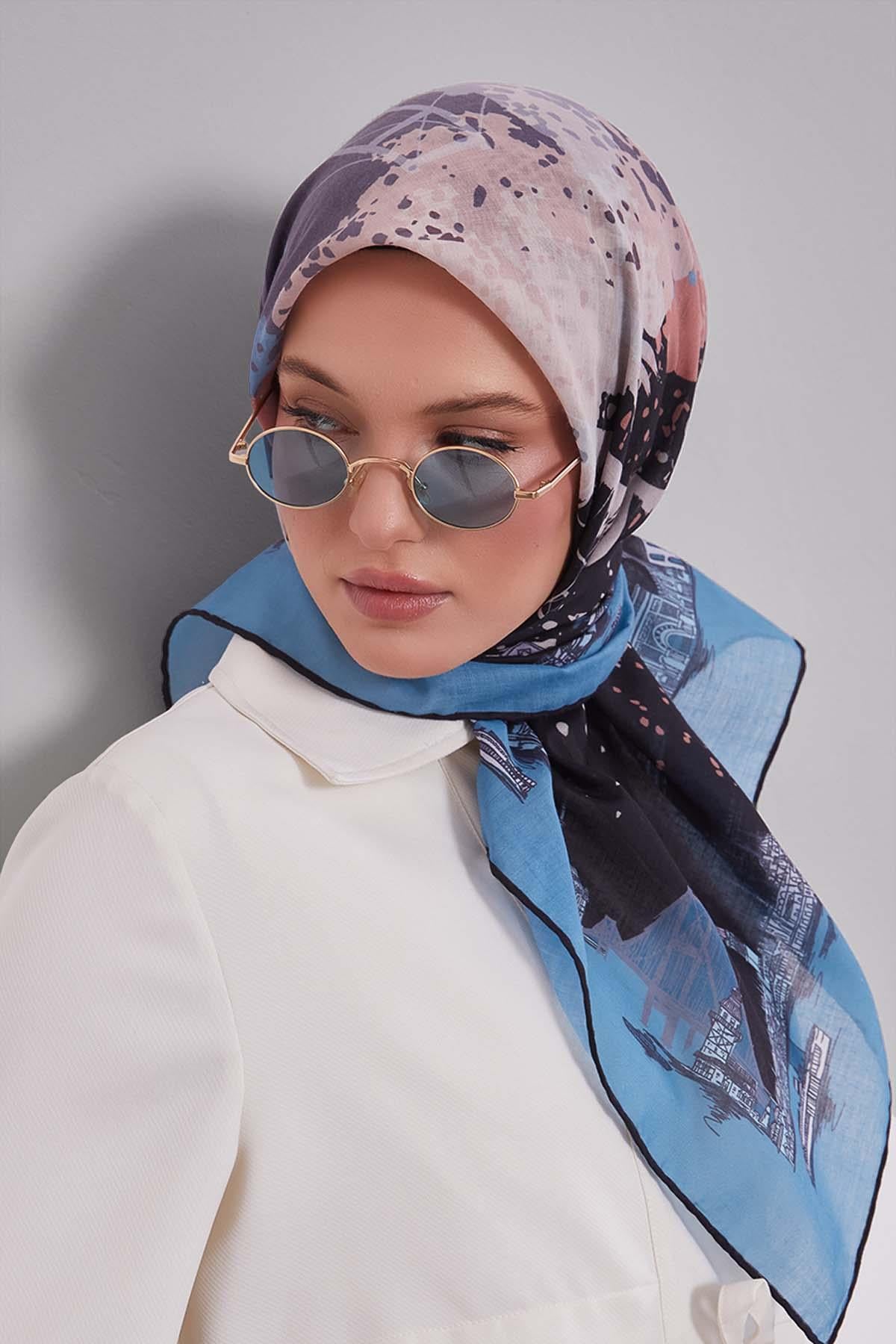 Fivescarf Bebe Mavisi Manzara Desen Silk Coton Eşarp