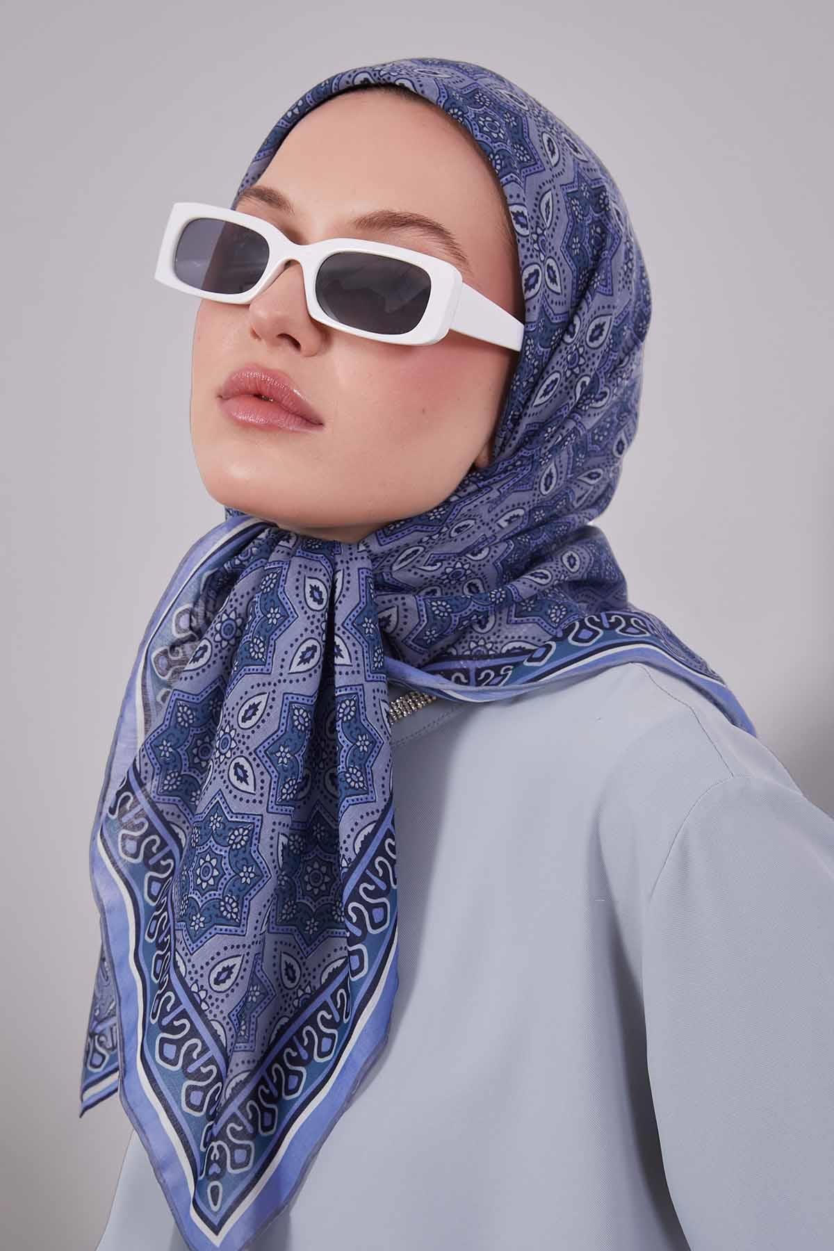 Fivescarf Bebe Mavisi Motif Desen Silk Coton Eşarp