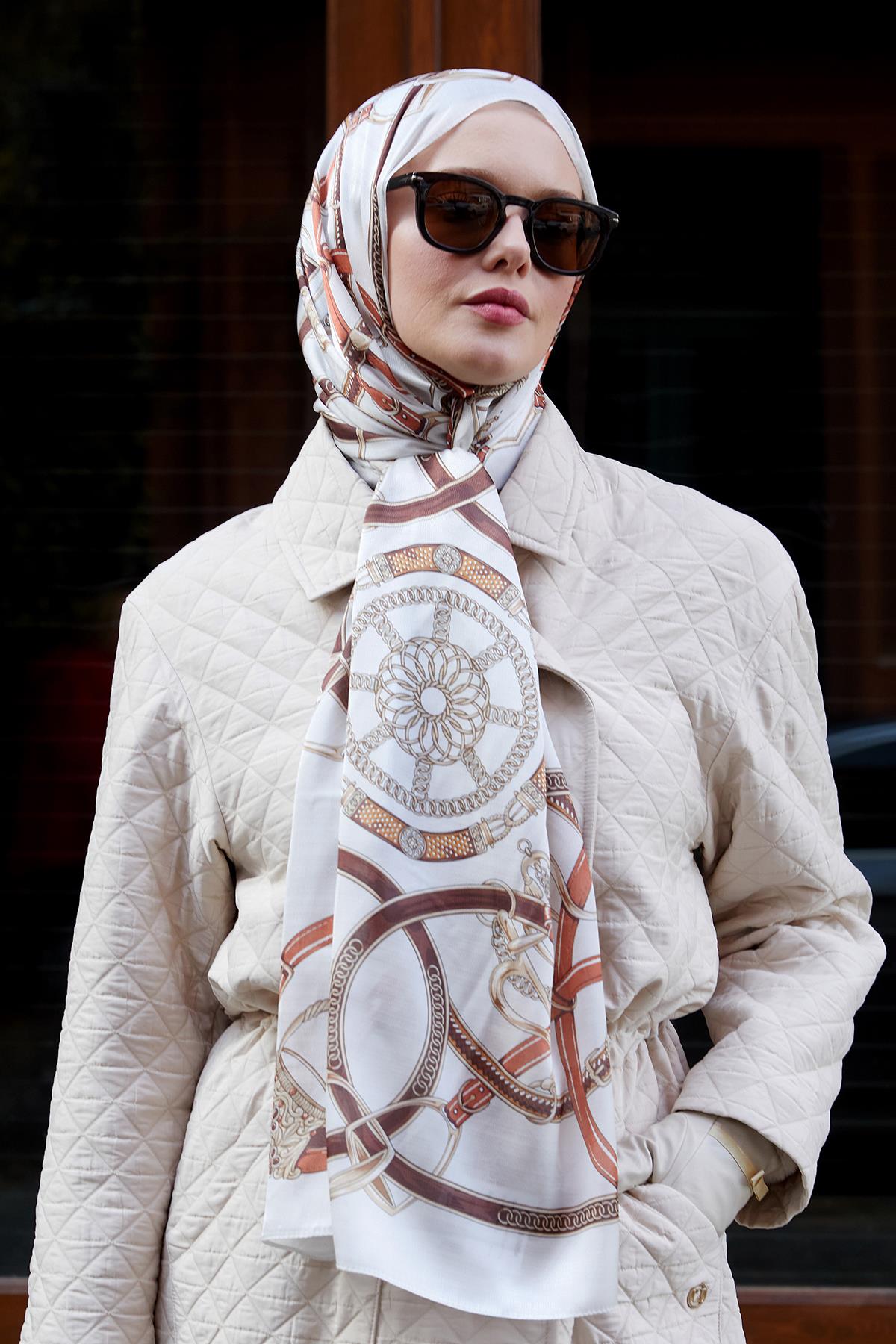 Fivescarf Bej-Kahve Kemer Desen Vual İpek Şal