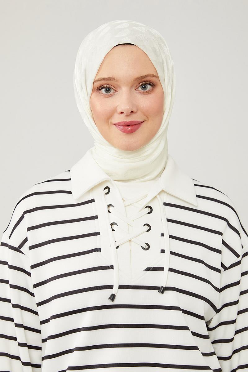 Fivescarf Beyaz Ay Desen Jakarlı Elegance Şal