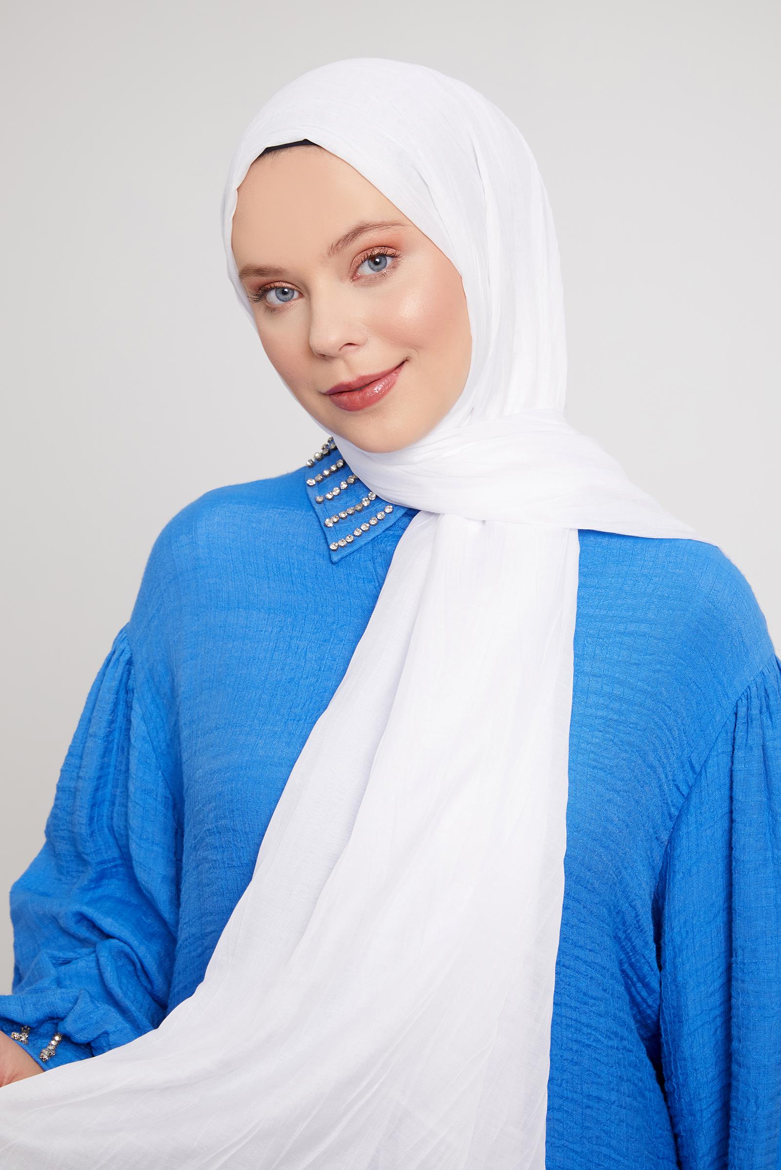 Fivescarf Beyaz Pliseli Pamuklu Şal