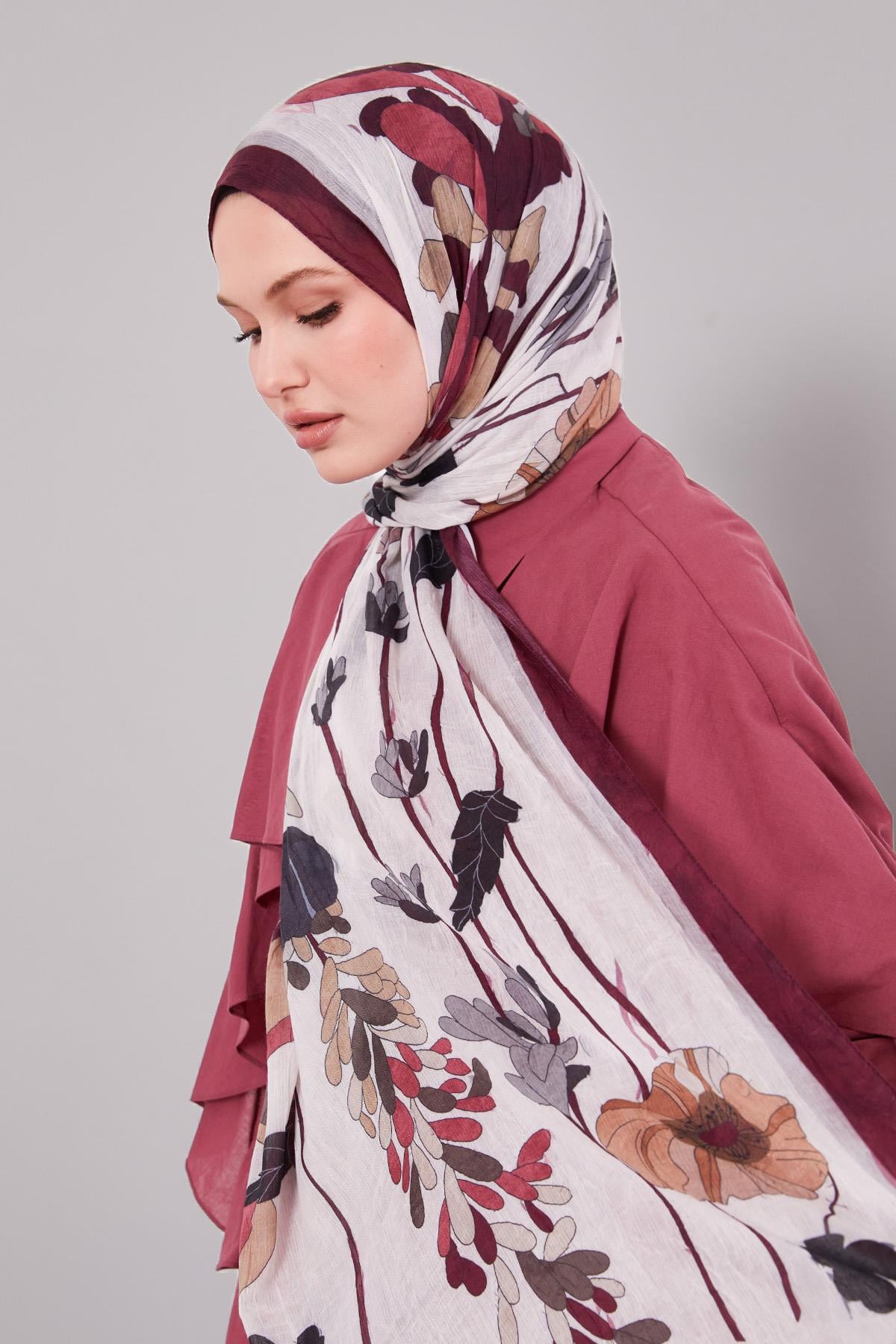 Fivescarf Bordo Büyük Çiçek Desenli Craze Comfort Şal
