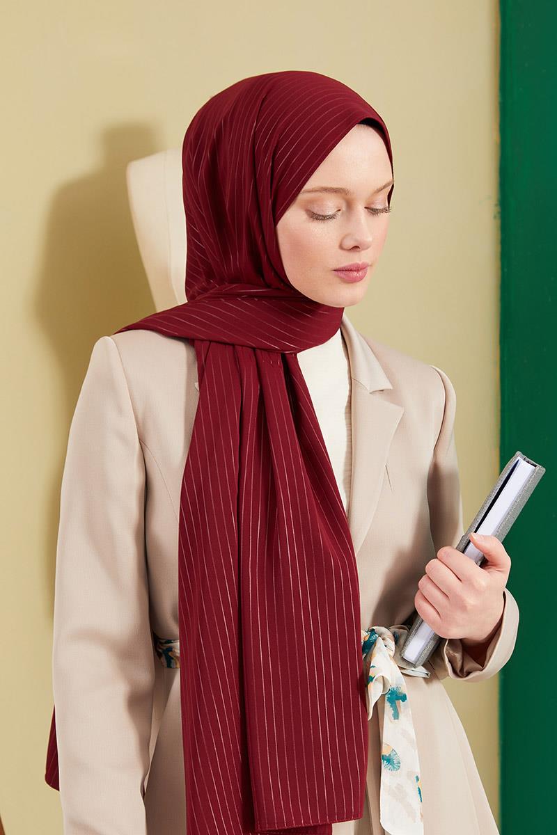 Fivescarf Bordo Çizgili Desen Mood Medine İpeği Şal