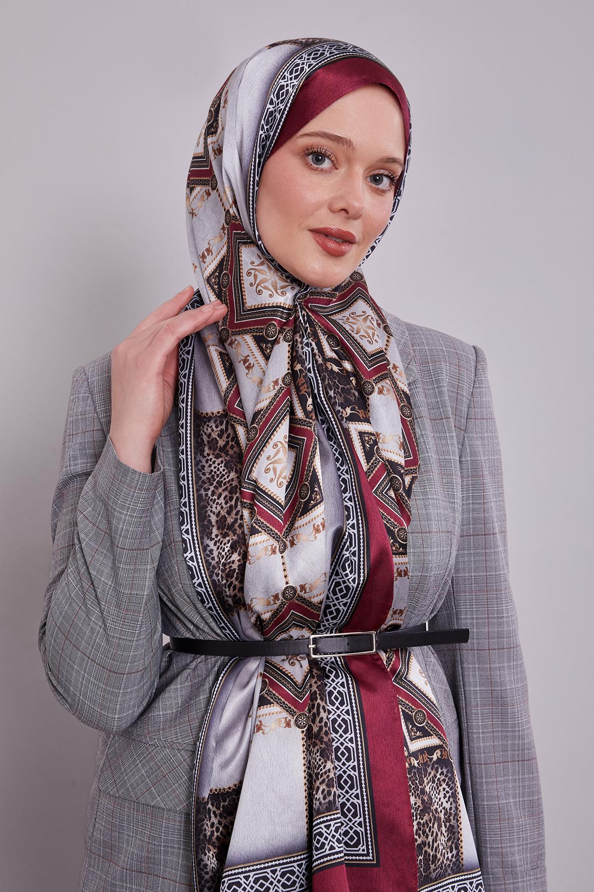 Fivescarf Bordo Geometrik Desen Vual İpek Şal