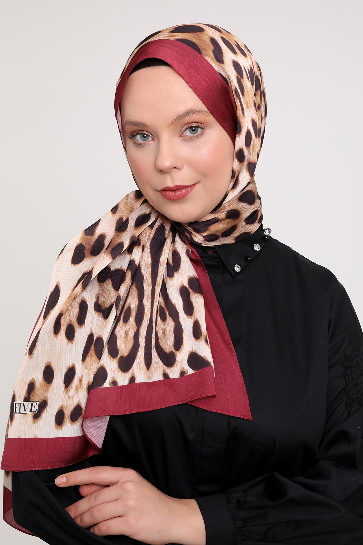 Fivescarf Bordo Leopar Desen Brand Şal