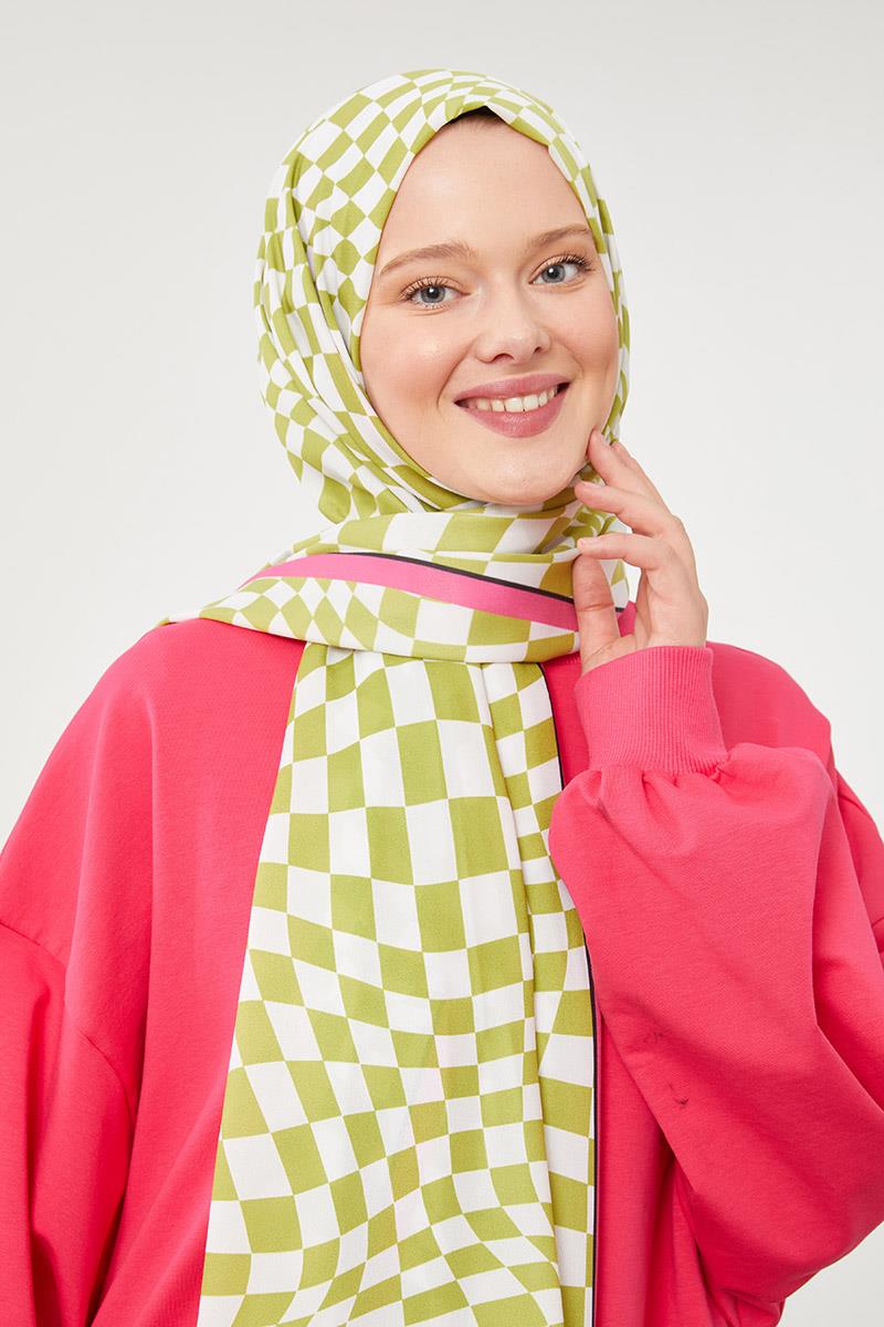 Fivescarf Çimen Yeşili Dama Desen Mono Krep Şal